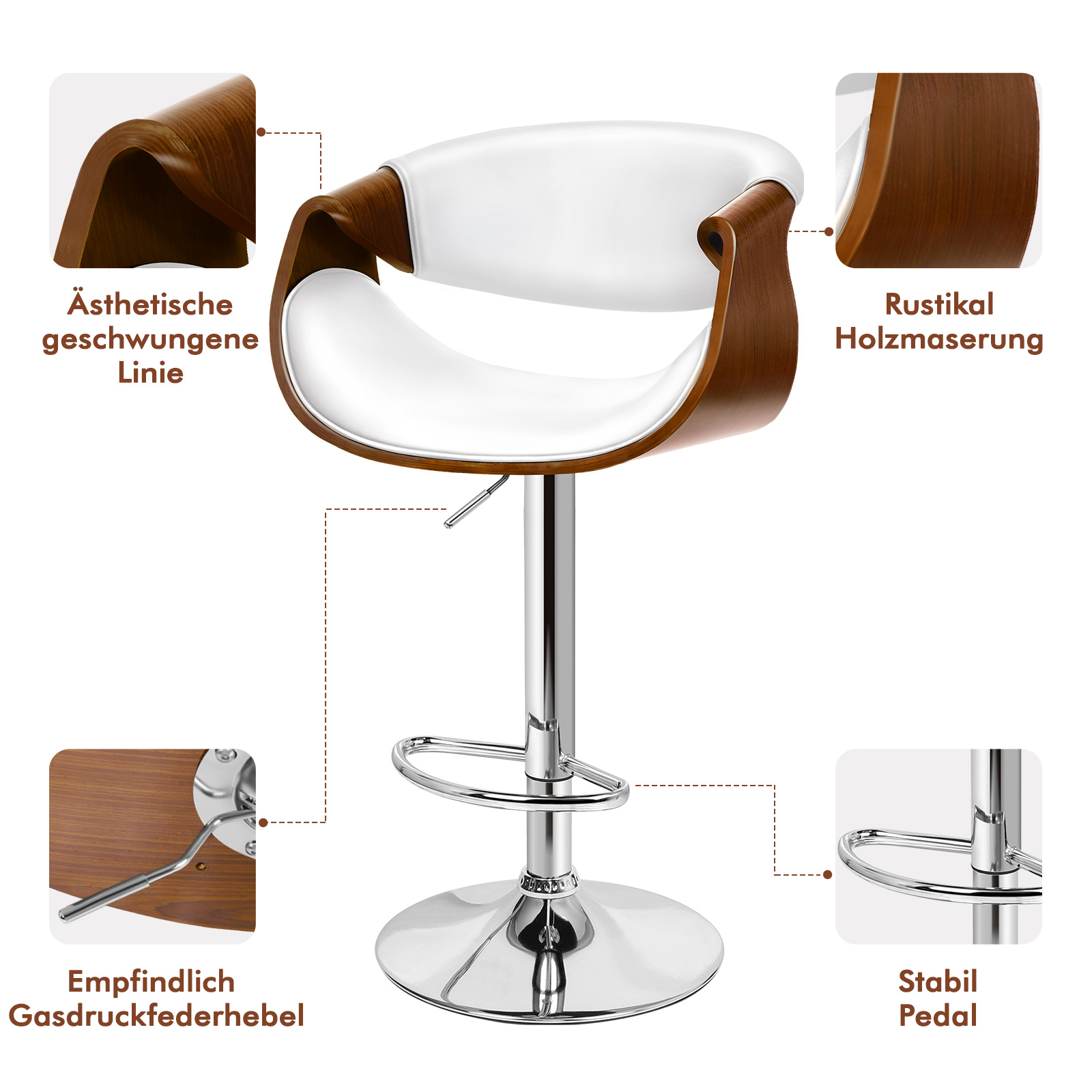 Ein weißer Barhocker mit Holzoptik, Chromfuß und Gasdruckfederhebel.