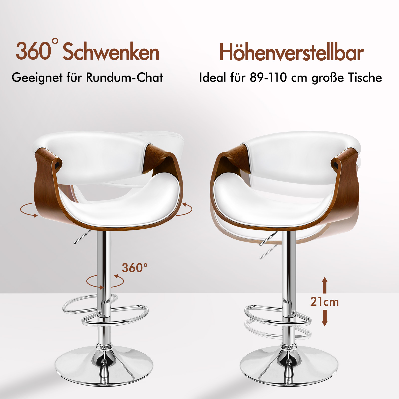 Weiße Barhocker mit Holzdetails drehen sich um 360° und sind höhenverstellbar.