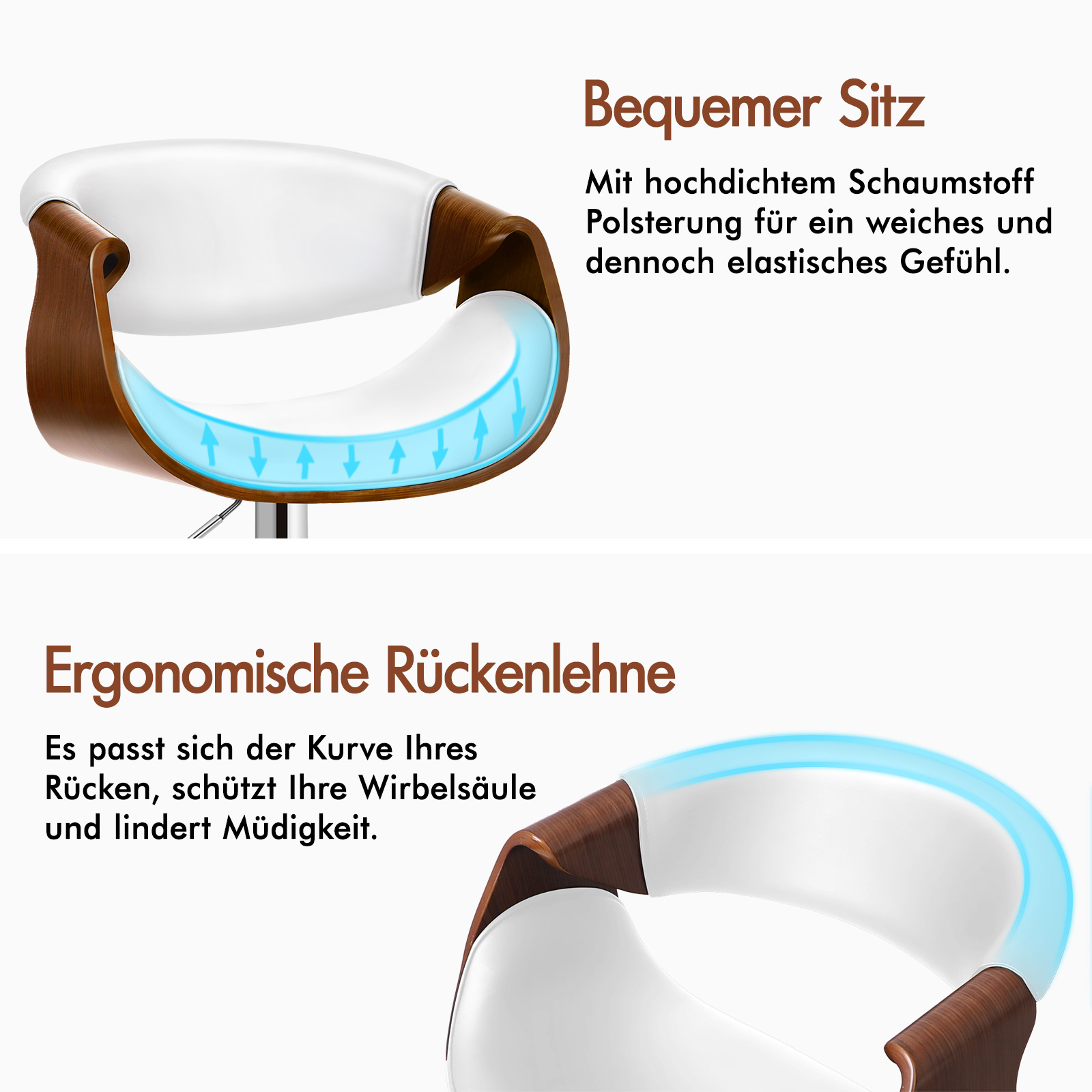 Ein weißer Stuhl mit Holzdetails, der Komfort und Ergonomie betont.