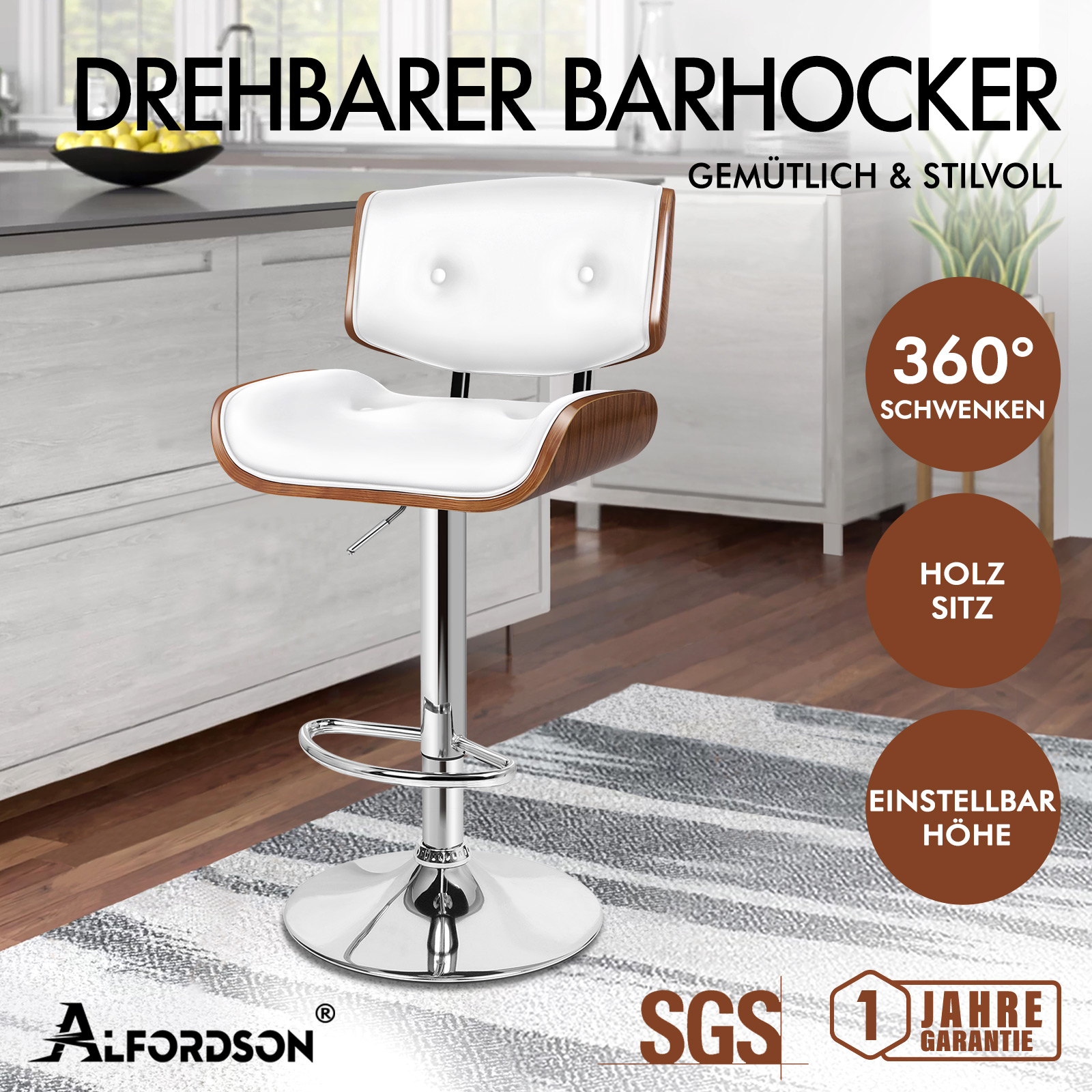 Ein weißer, drehbarer Barhocker mit Holzakzenten steht in einer modernen Küche.