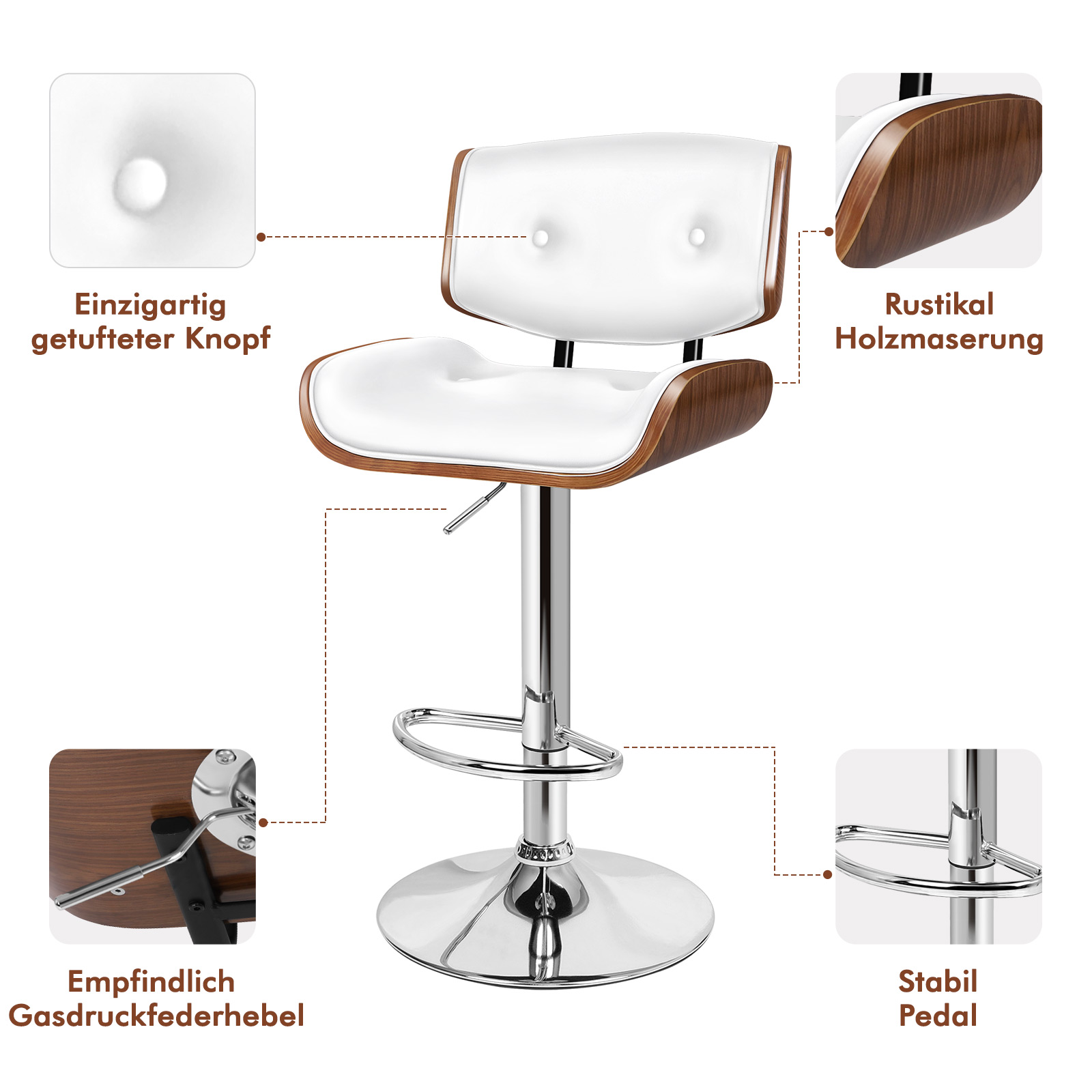 Ein weißer Barhocker mit Holzverkleidung, Chrombasis und verstellbarem Hebel.