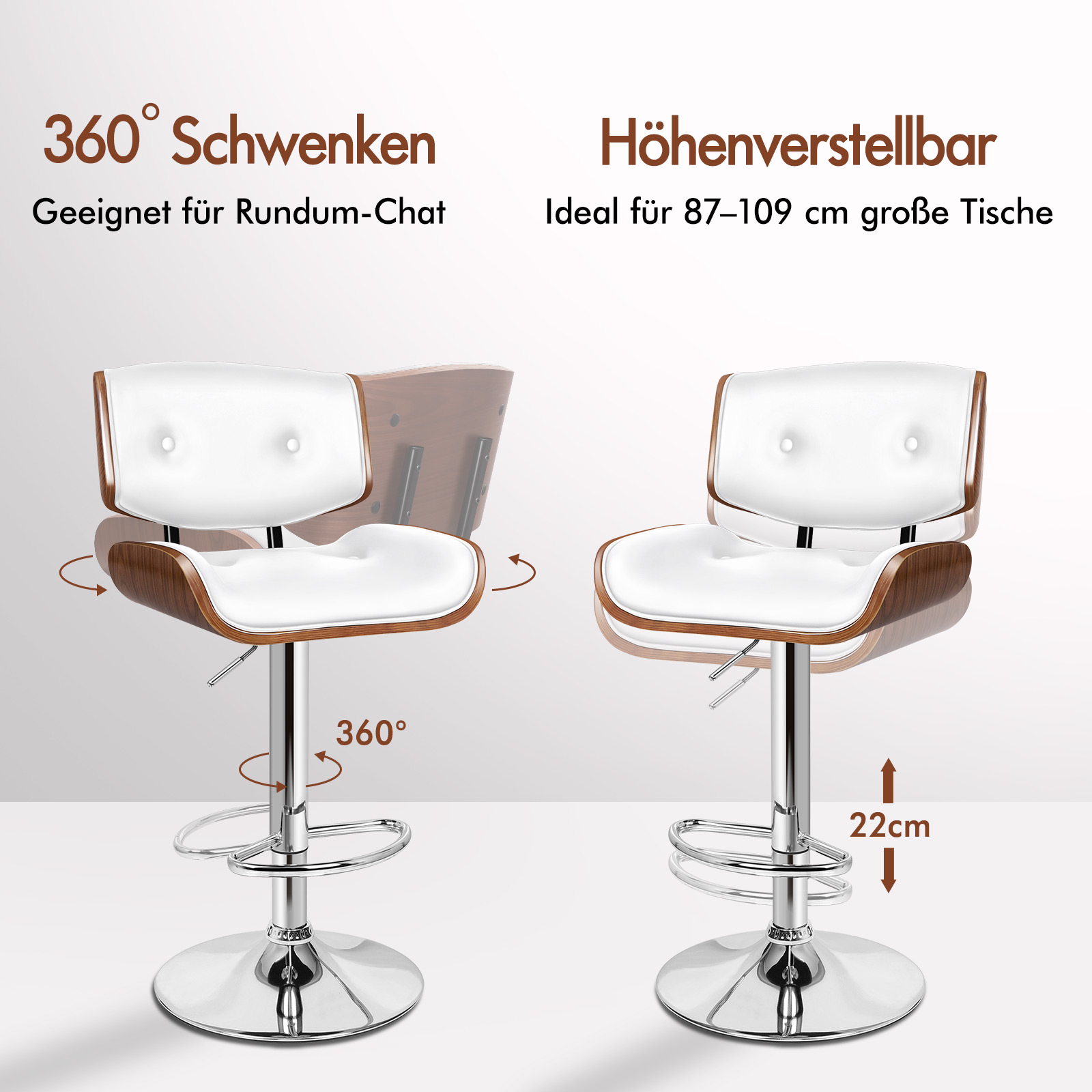 Zwei weiße Barhocker mit Holzdetails: einer dreht sich 360°, der andere ist höhenverstellbar.