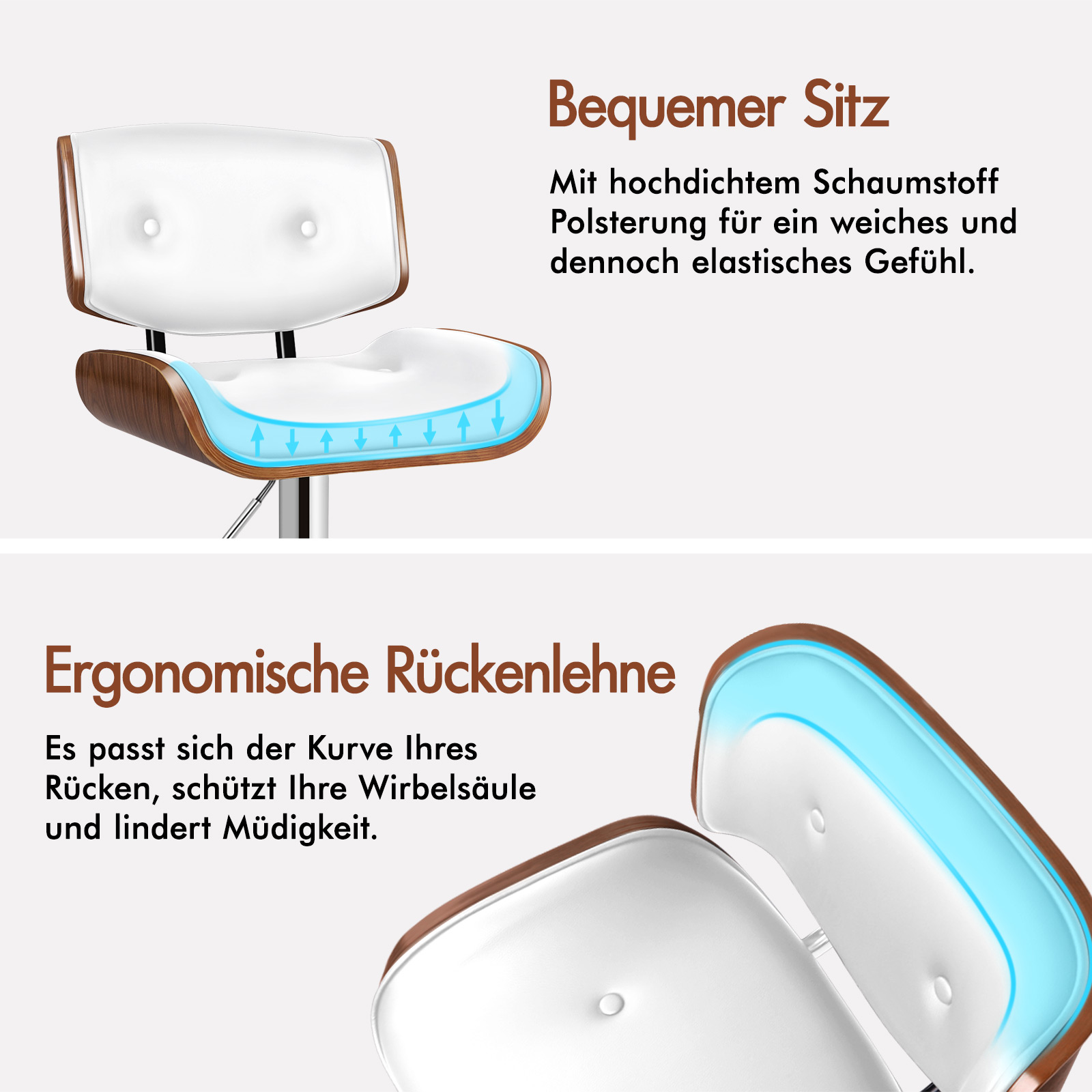 Ein weißer Barhocker mit Holzrand zeigt Schaumstoffpolsterung und Rückenteil.