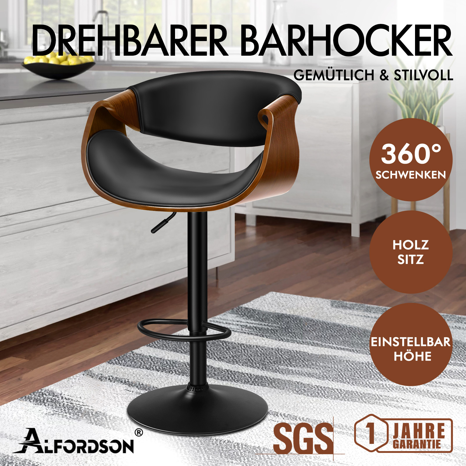 Schwarzer Barhocker mit Holzdetails, höhenverstellbar und um 360 Grad drehbar.