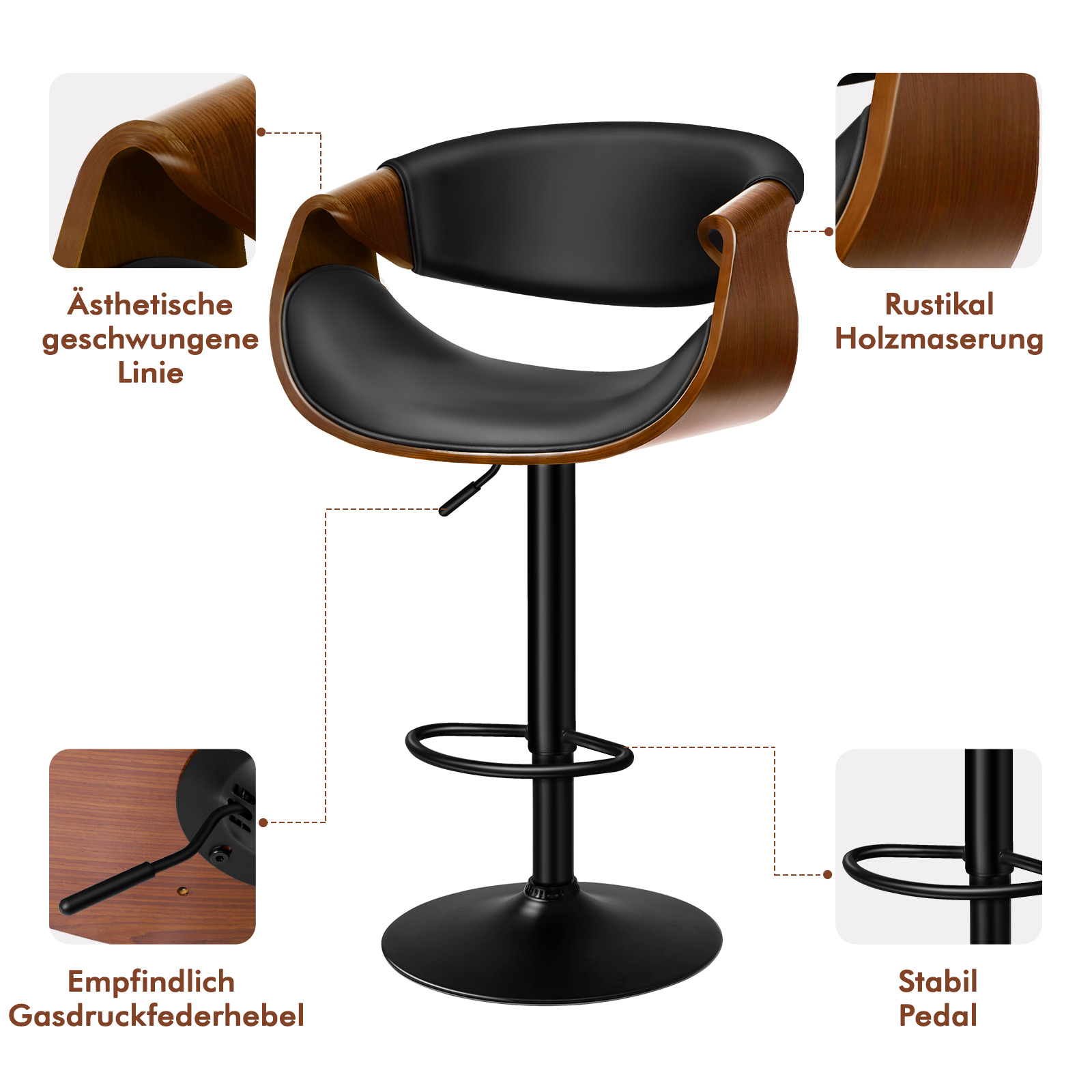 Ein schwarzer Barhocker mit Holzdetails, Gasdruckfeder und stabilem Fußpedal.