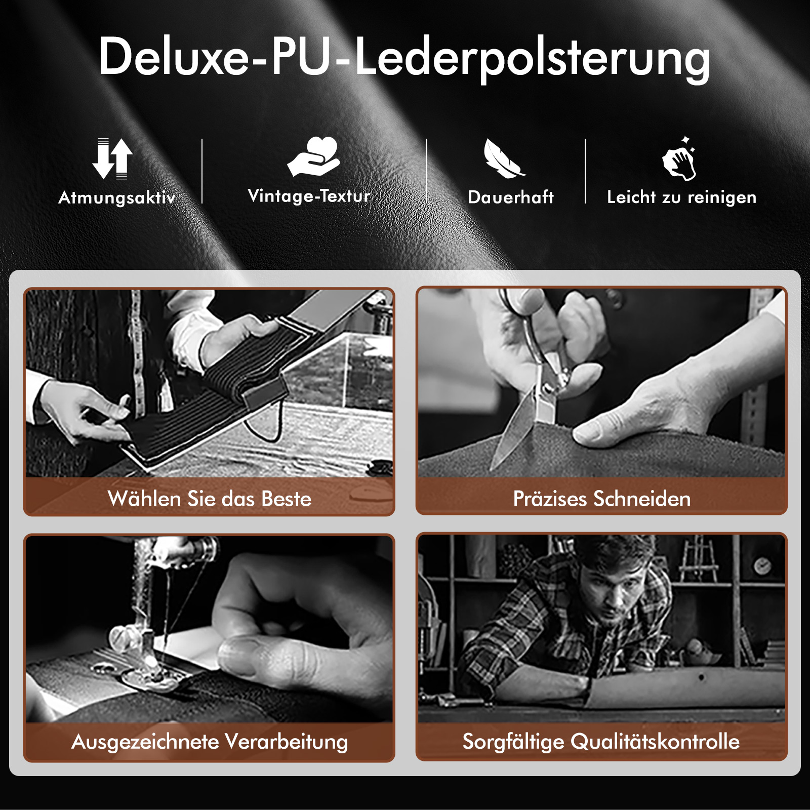 Vier Bilder zeigen Lederverarbeitung: Materialauswahl, Schnitt, Nähen, Qualitätskontrolle.