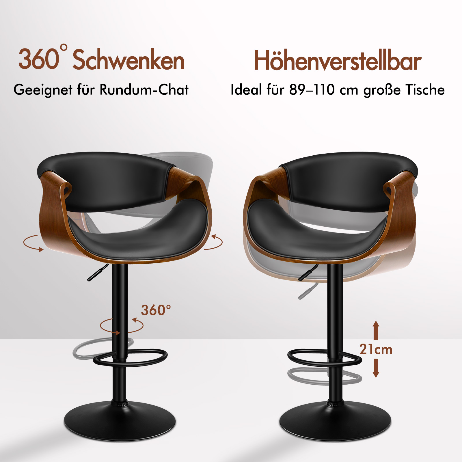 Schwarzer Barhocker mit Holzarmlehnen, drehbar und höhenverstellbar.