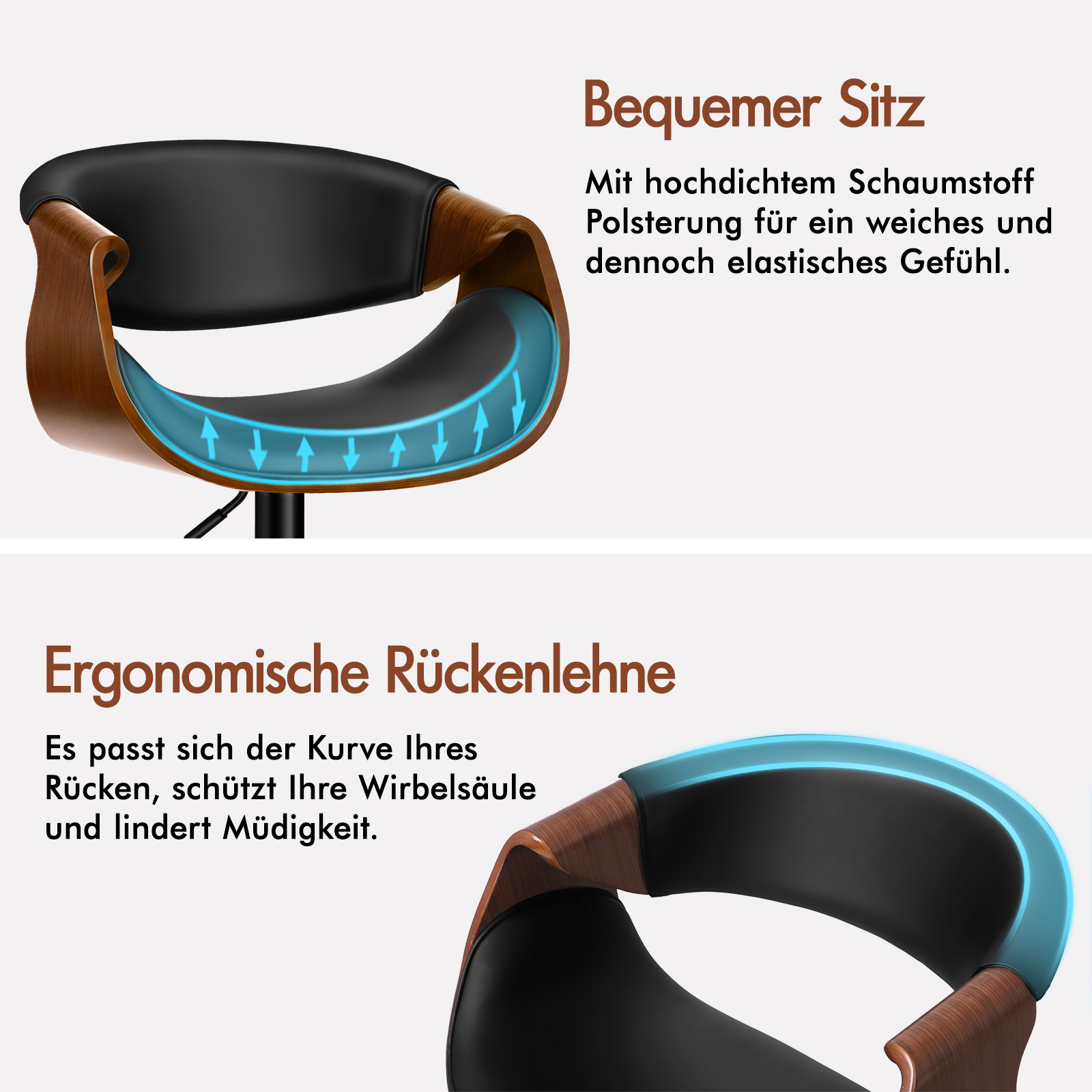 Ein schwarzer Stuhl mit Holzrahmen, gepolstert für Komfort und ergonomische Unterstützung.