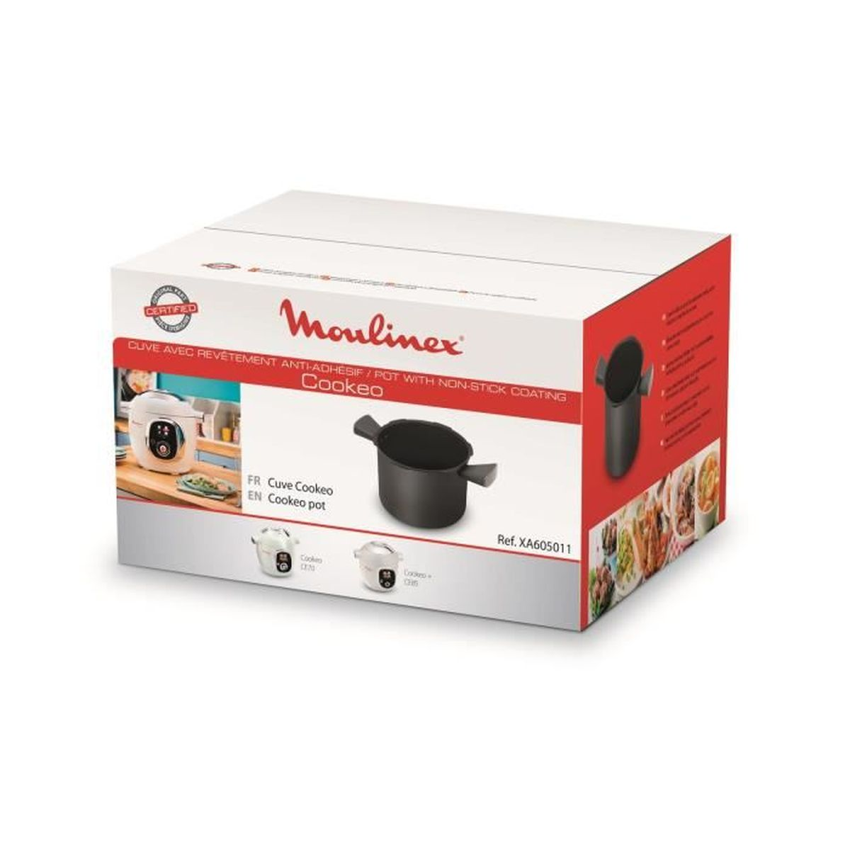 Verpackung eines Moulinex Cookeo mit einem schwarzen Topf und Bildern von Gerichten.