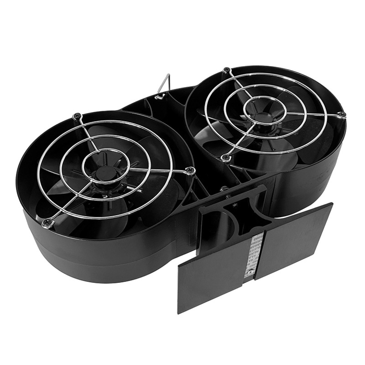 Ventilatore doppio nero con griglie metalliche e supporto pieghevole.