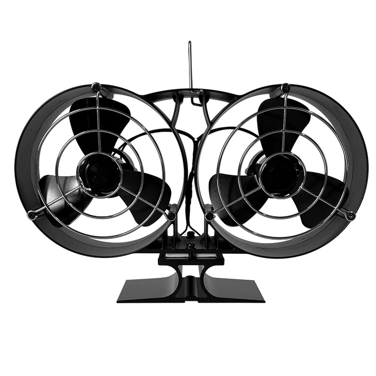 Una ventola doppia nera con griglie metalliche su un supporto.