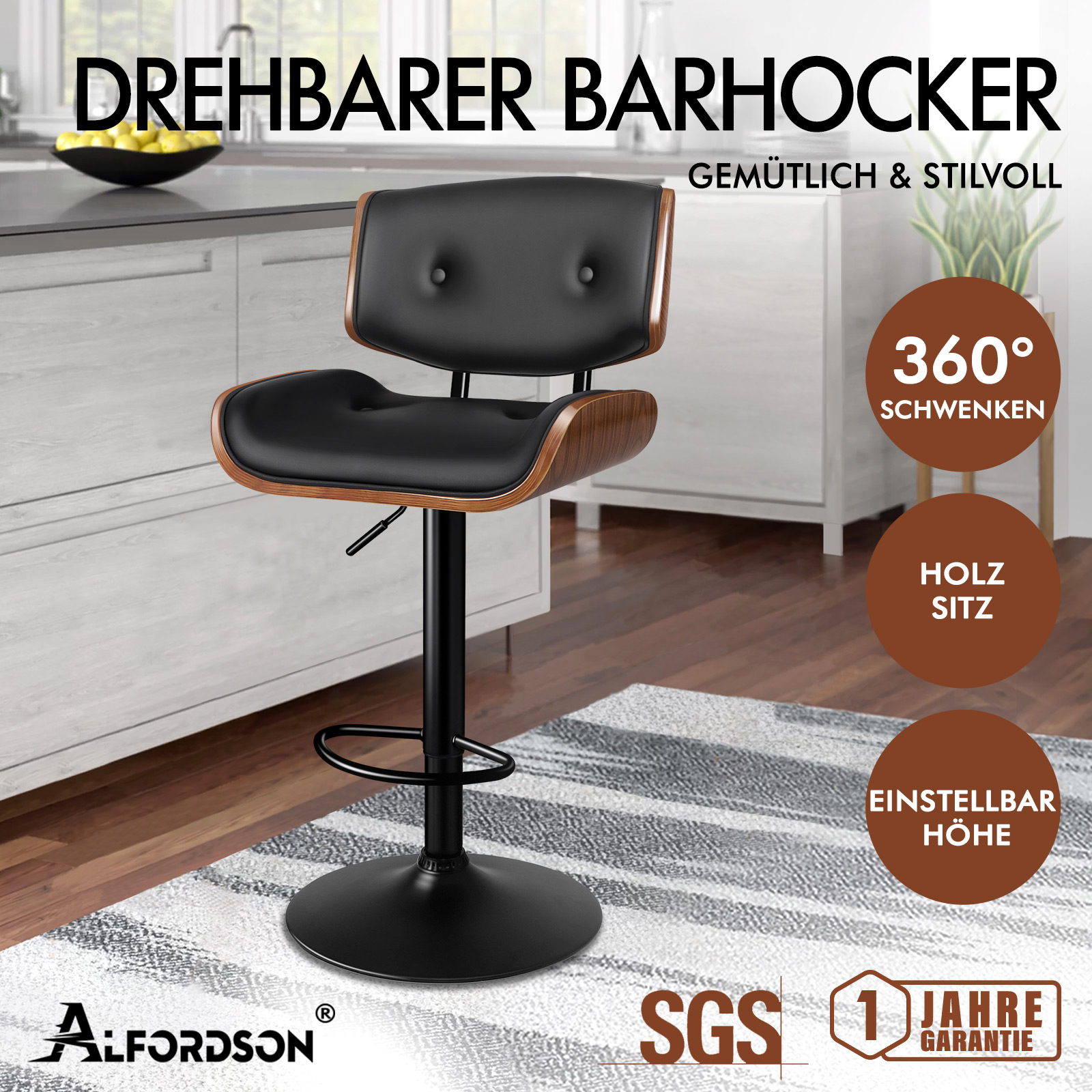 Ein schwarzer Barhocker mit Holzdetails und verstellbarer Höhe steht auf einem Teppich.