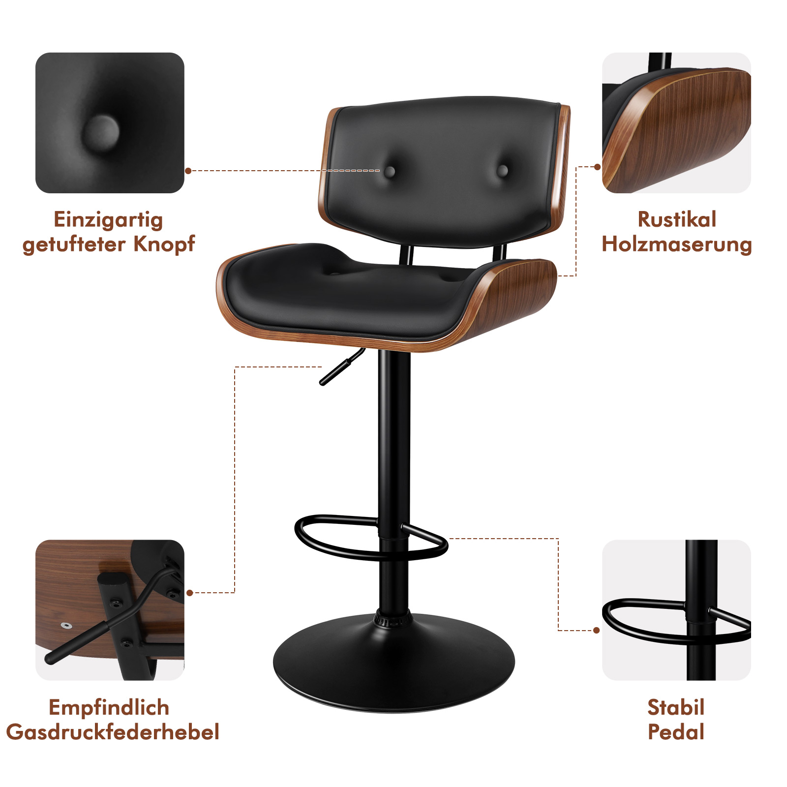 Ein schwarzer Barhocker mit Holzakzenten und mehreren Detailaufnahmen.