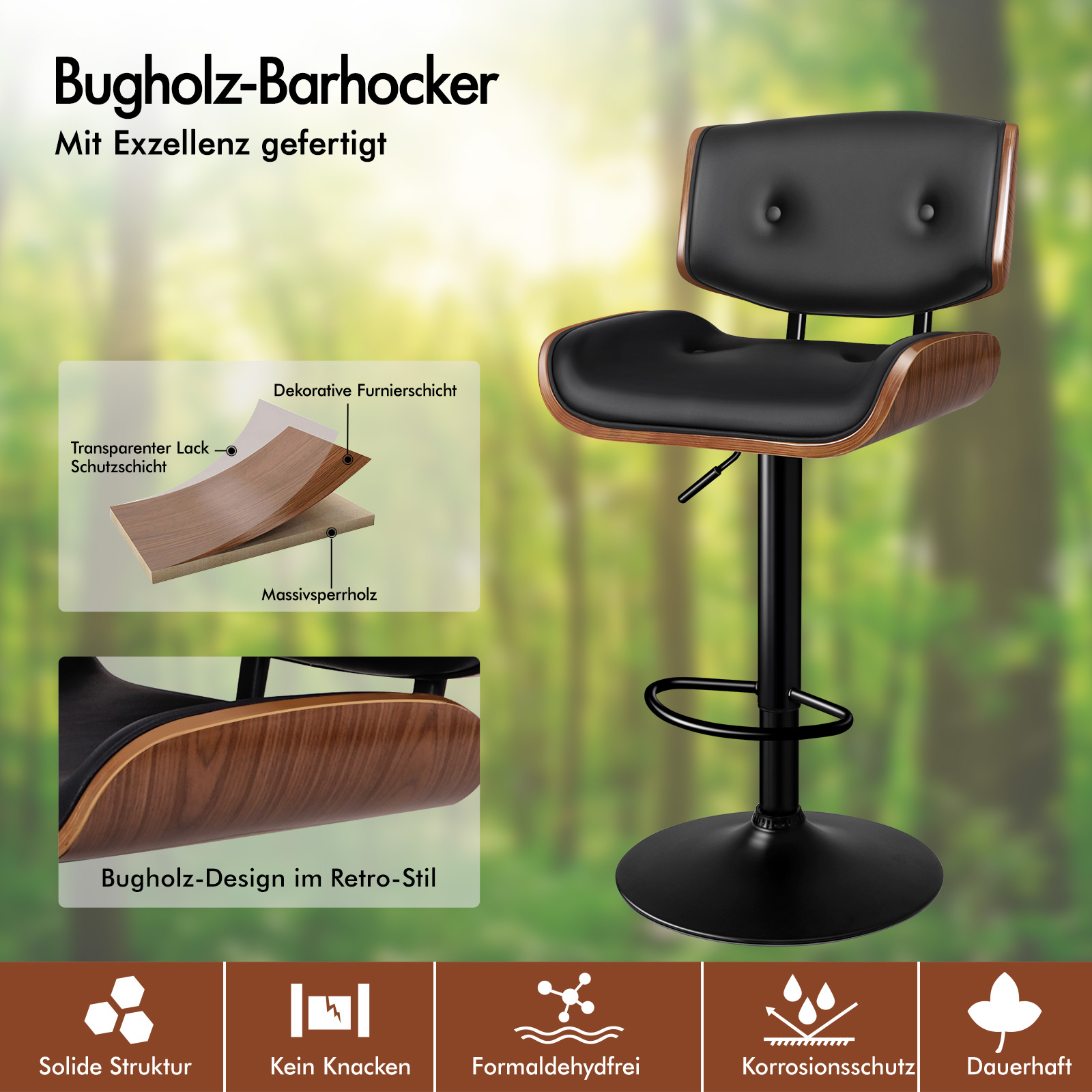 Ein schwarzer Barhocker mit Holzdetails und verstellbarer Höhe.