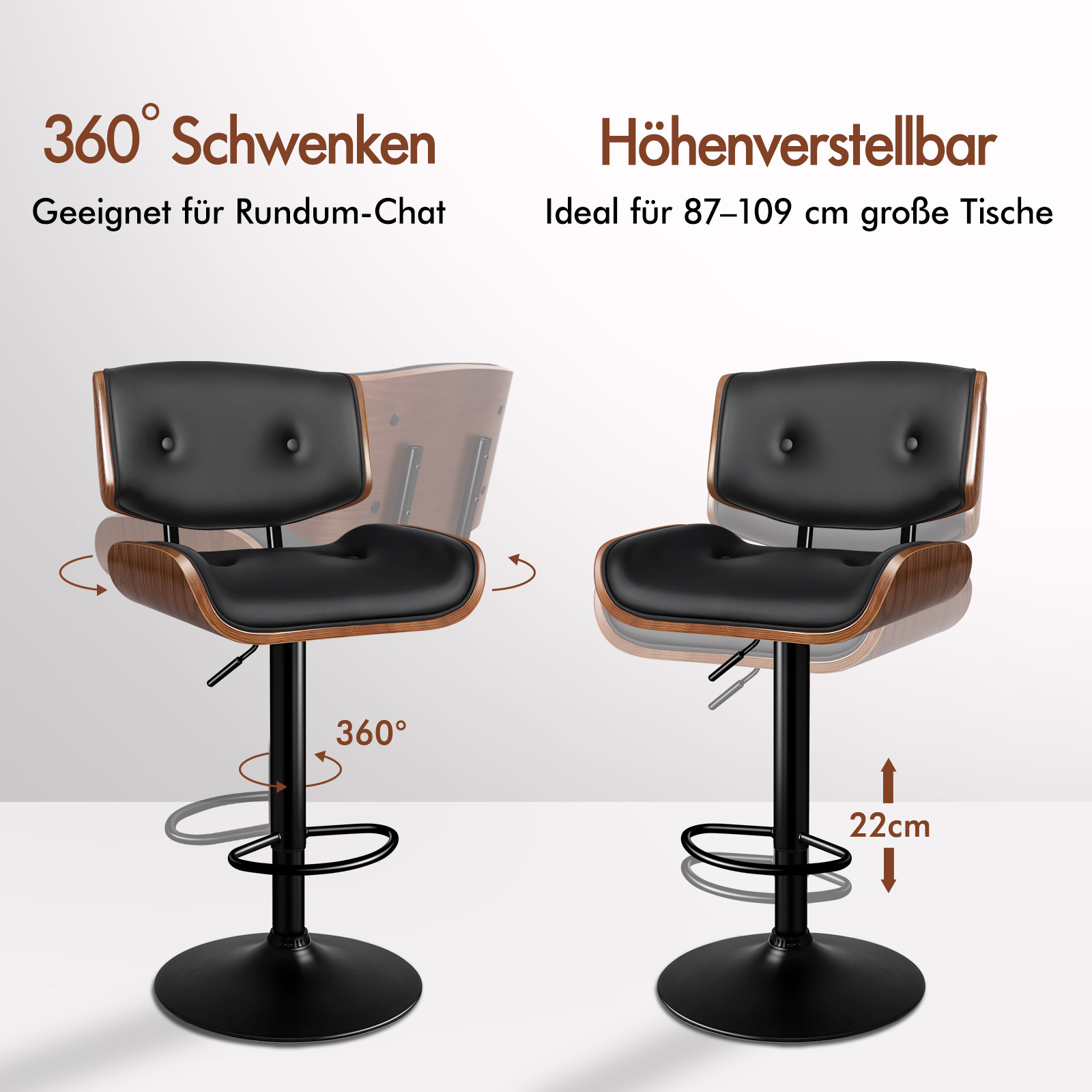 Ein schwarzer Barhocker mit Holzverkleidung, der drehbar und höhenverstellbar ist.