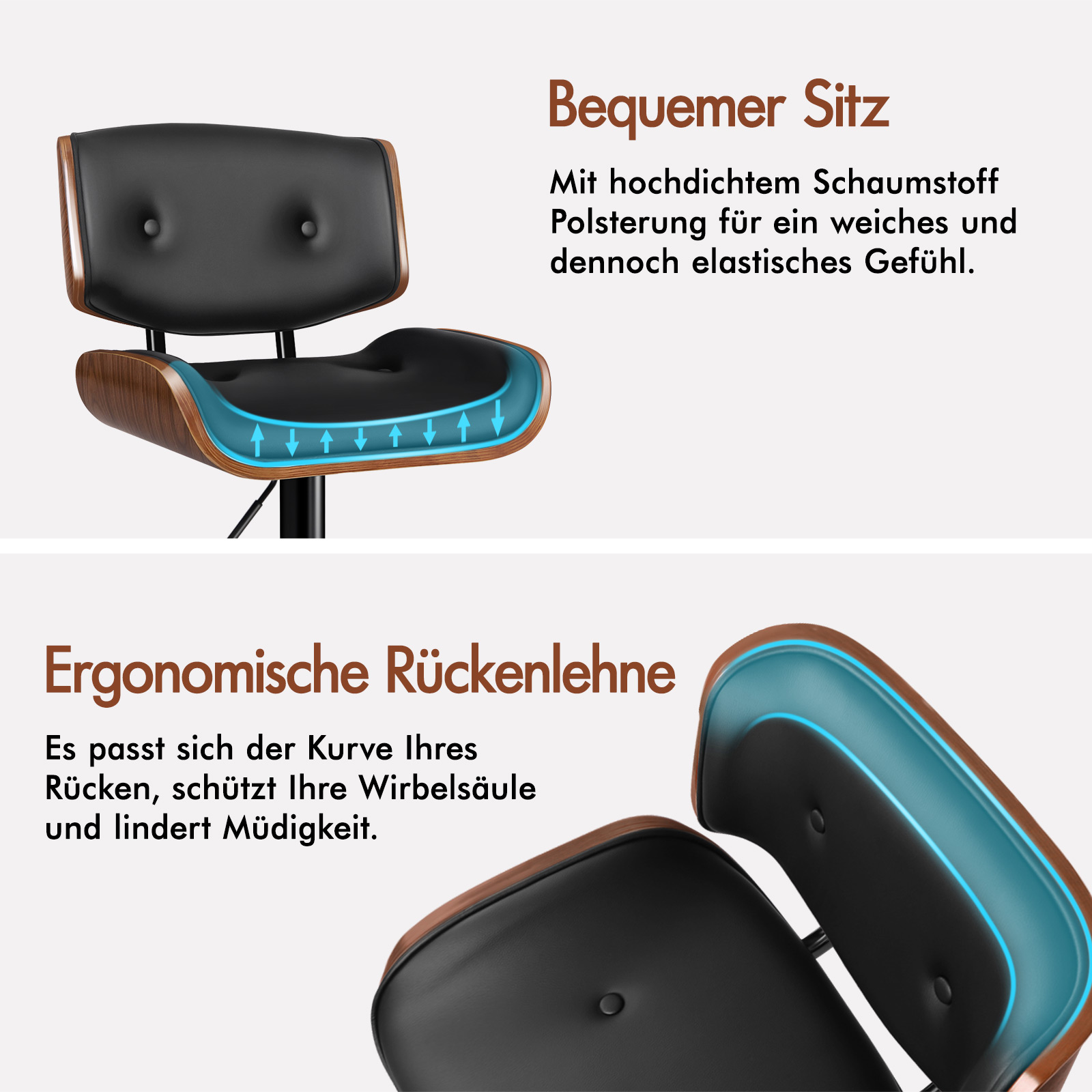 Schwarzer gepolsterter Stuhl mit Holzrahmen und blauen Pfeilen, die die Polsterung zeigen.