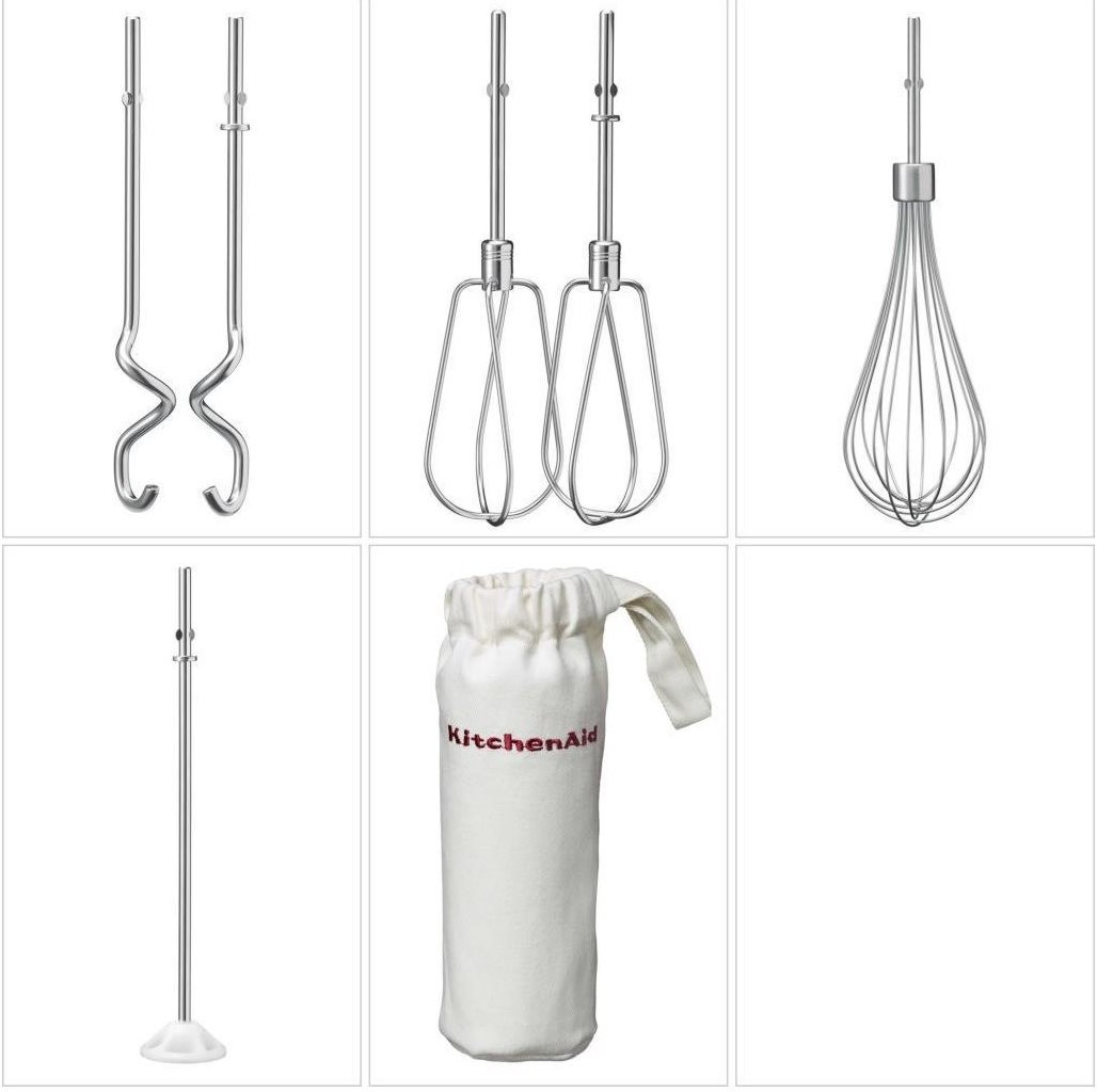 Accesorios de cocina: ganchos amasadores, varillas y bolsa.