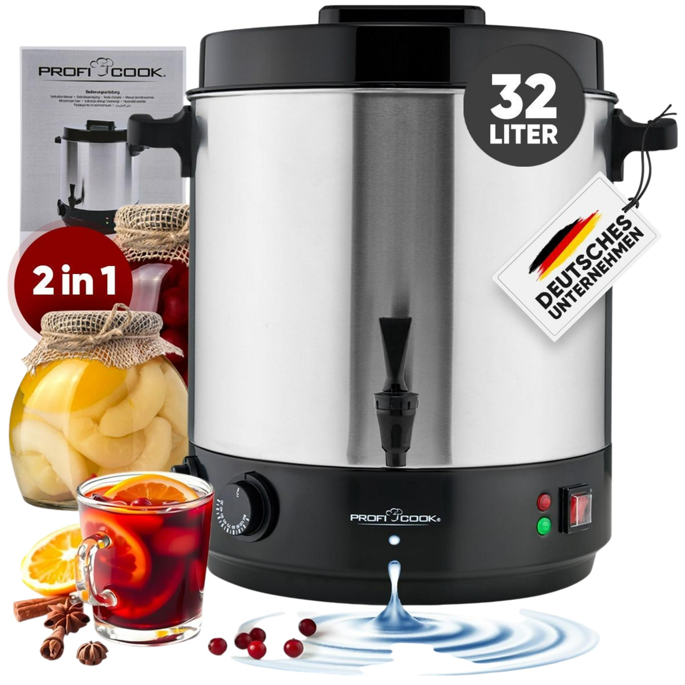 Ein 32-Liter-Getränkeerhitzer mit Zapfhahn, Glühwein, Orangenscheiben und Gewürzen.