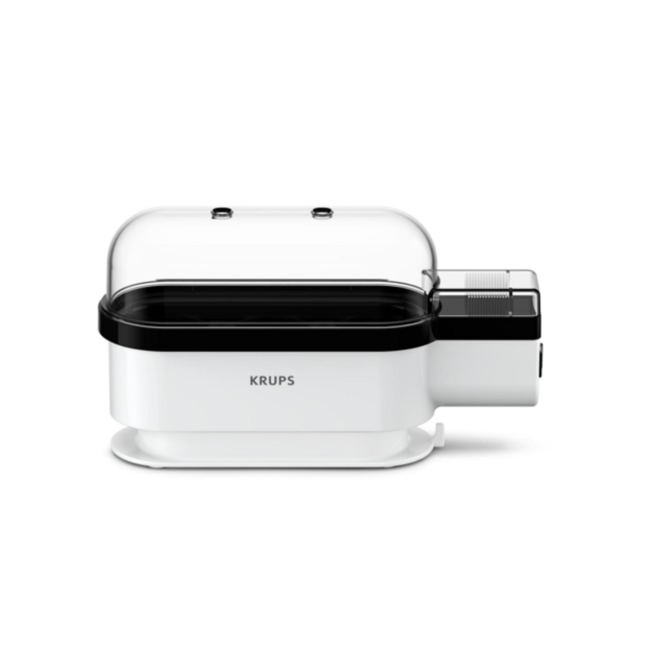 Biała parowar do jajek Krups z przezroczystą pokrywką.