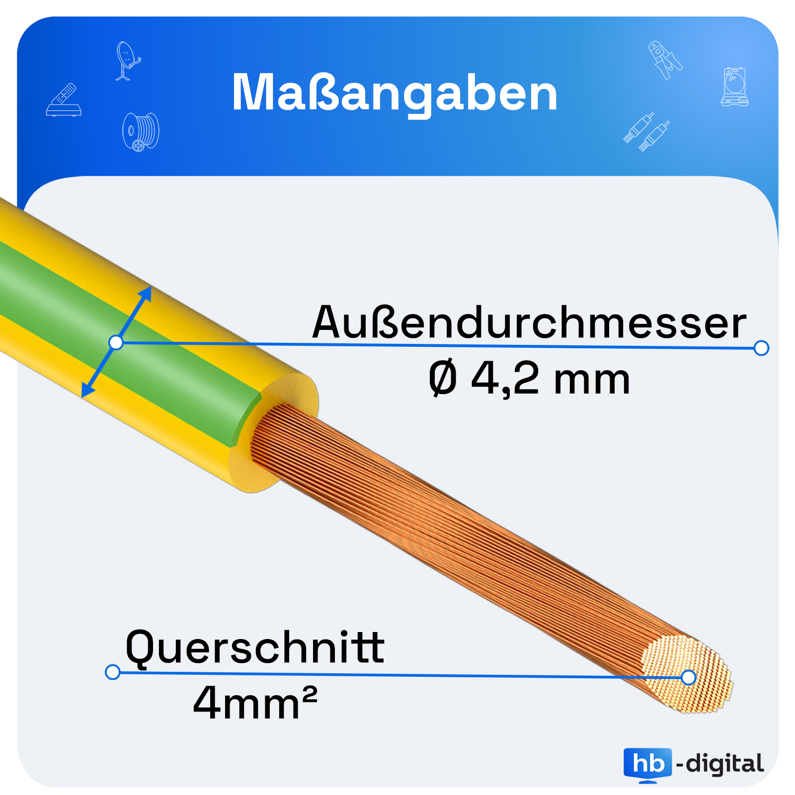 Gelbes Kabel mit grüner Längsstreifung, Außendurchmesser 4,2 mm, Querschnitt 4 mm².