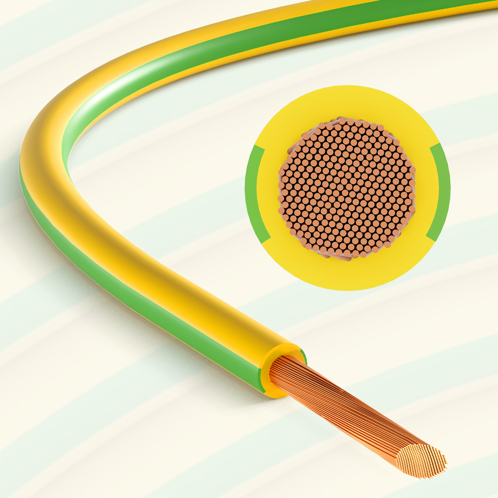 Ein gelb-grünes Kabel mit freigelegtem Kupferleiter und Querschnittsansicht.