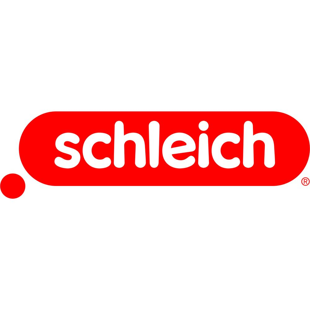Logo rouge avec texte blanc 'schleich' et un point rouge.