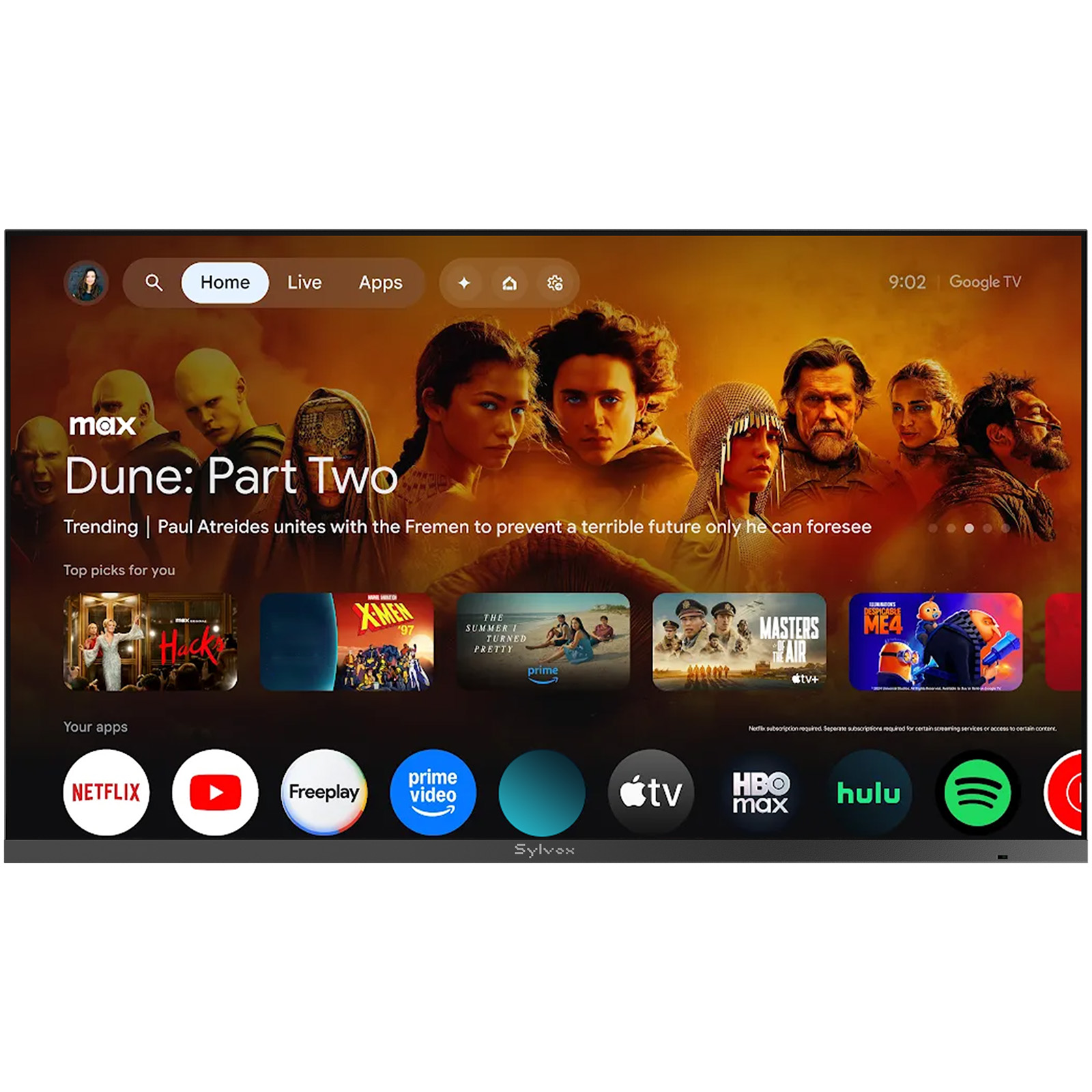 La pantalla muestra la interfaz de Google TV con "Dune: Part Two" destacado.