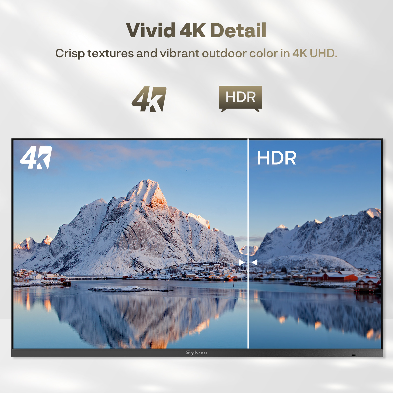 Pantalla de TV muestra montañas nevadas, pueblo y agua. Vista dividida: 4K vs HDR.