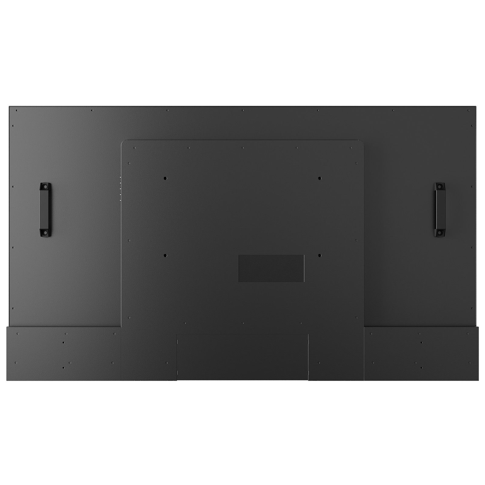 Parte trasera de un monitor negro grande con soportes y tornillos.