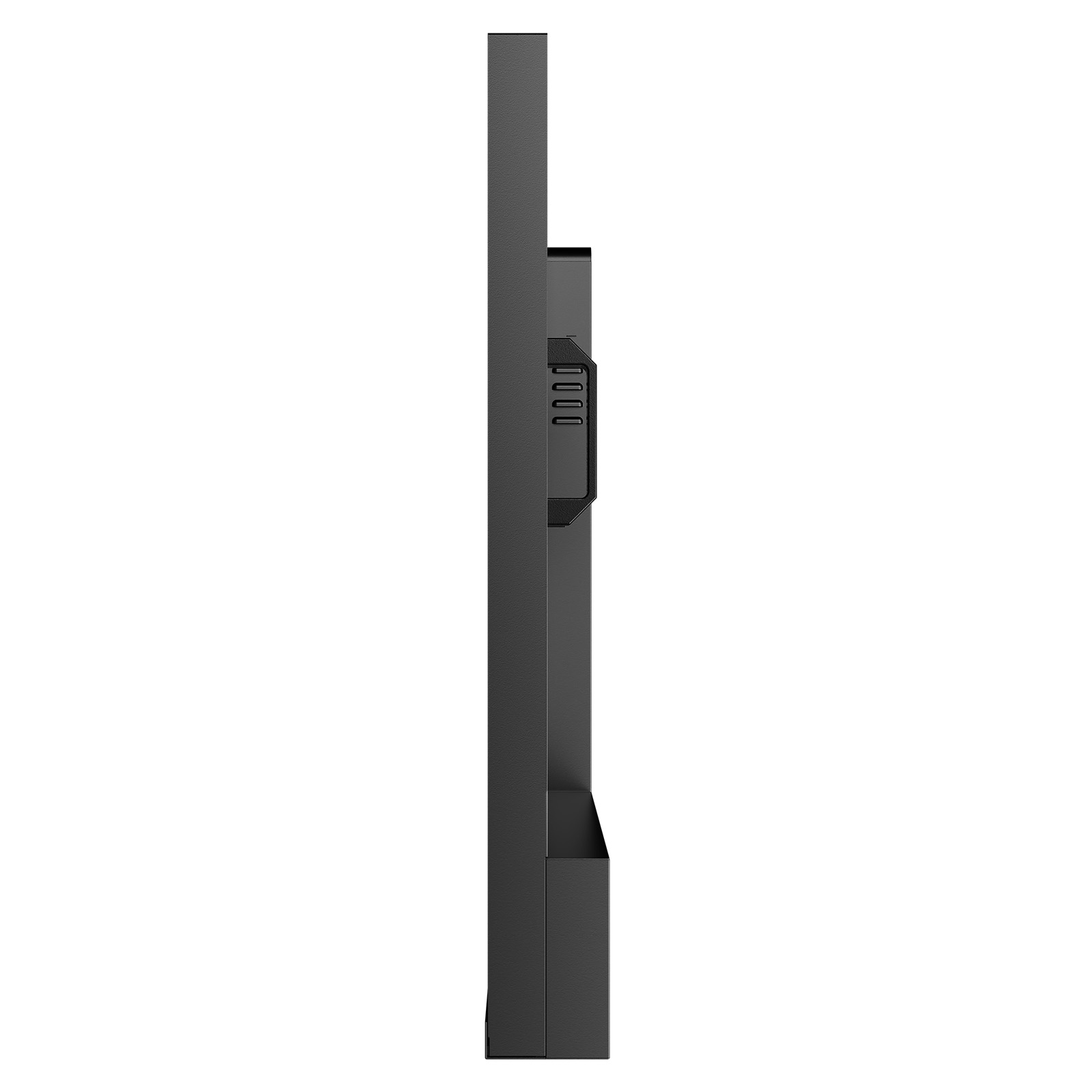 Monitor negro, vista lateral con puertos y compartimento de almacenamiento.