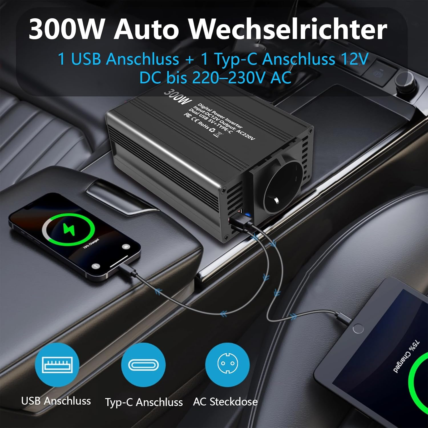 Ein 300W Auto-Wechselrichter lädt ein Handy und Tablet im Auto.
