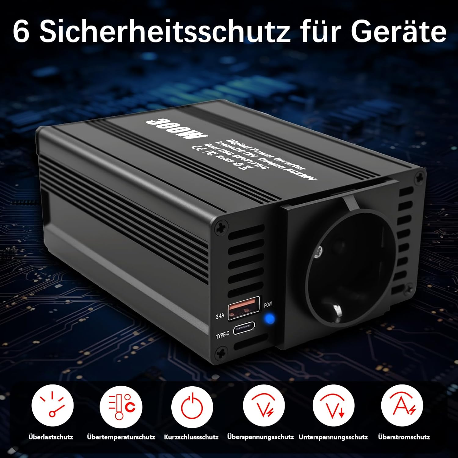 Schwarzer 300W Spannungswandler mit USB- und Typ-C-Anschlüssen, zeigt 6 Schutzsymbole.