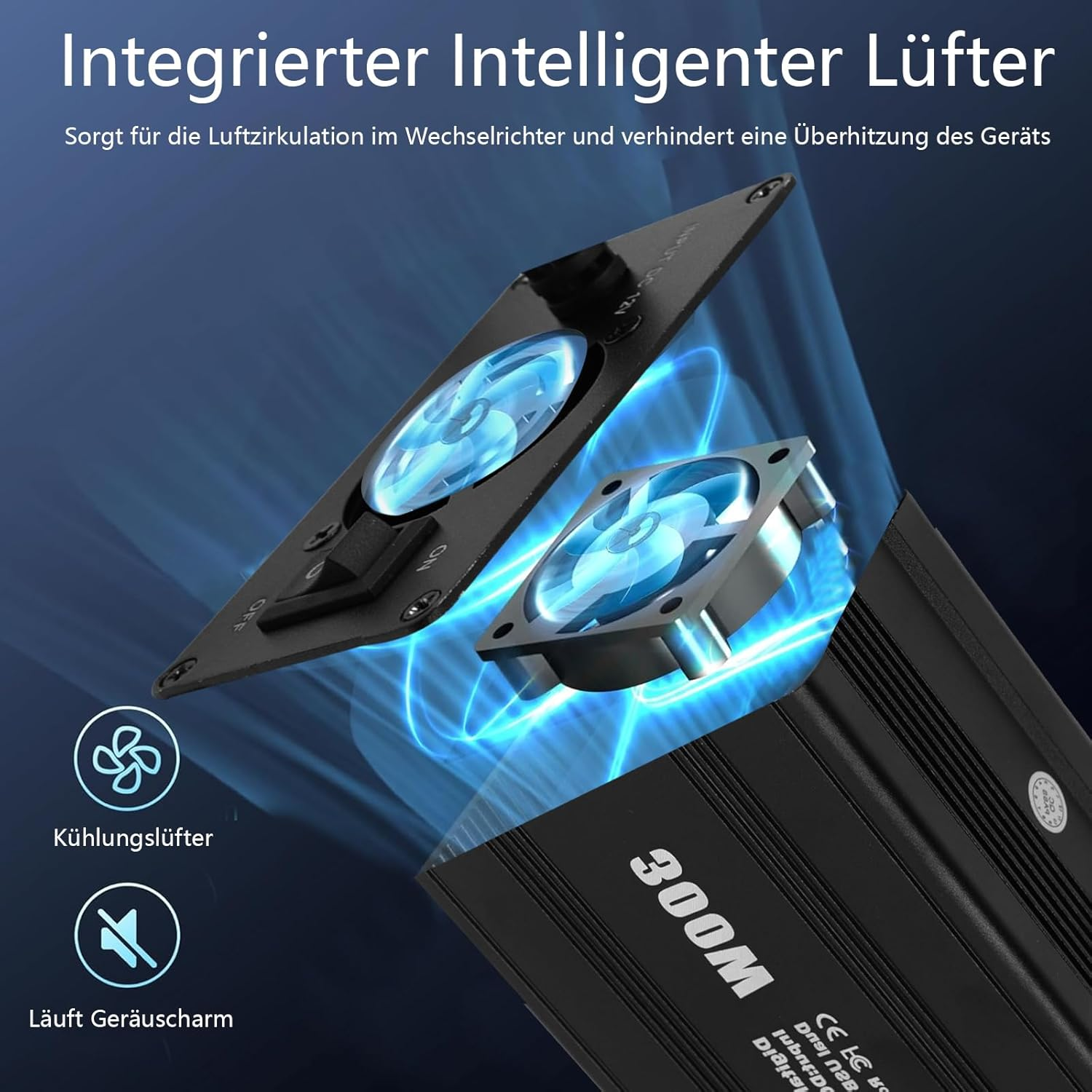 Integrierter Lüfter mit blauen LEDs für Luftzirkulation und Kühlung.