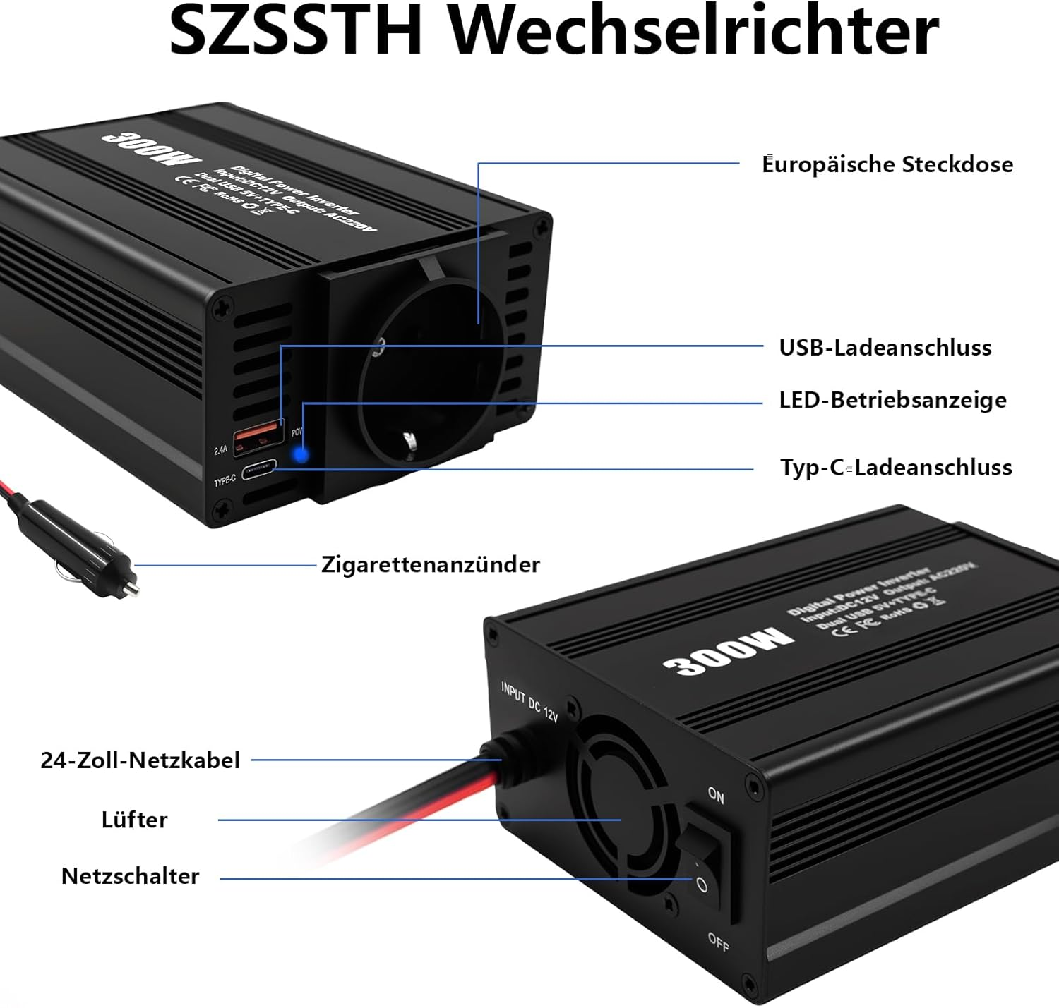 Schwarzer Wechselrichter mit Steckdose, USB, Typ-C, Lüfter und Schalter.