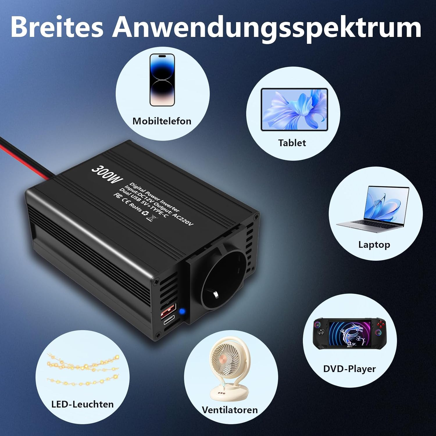 Ein schwarzer 300W Wechselrichter mit Anschlüssen für Mobiltelefon, Tablet, Laptop, DVD-Player, Ventilatoren und LED-Leuchten.