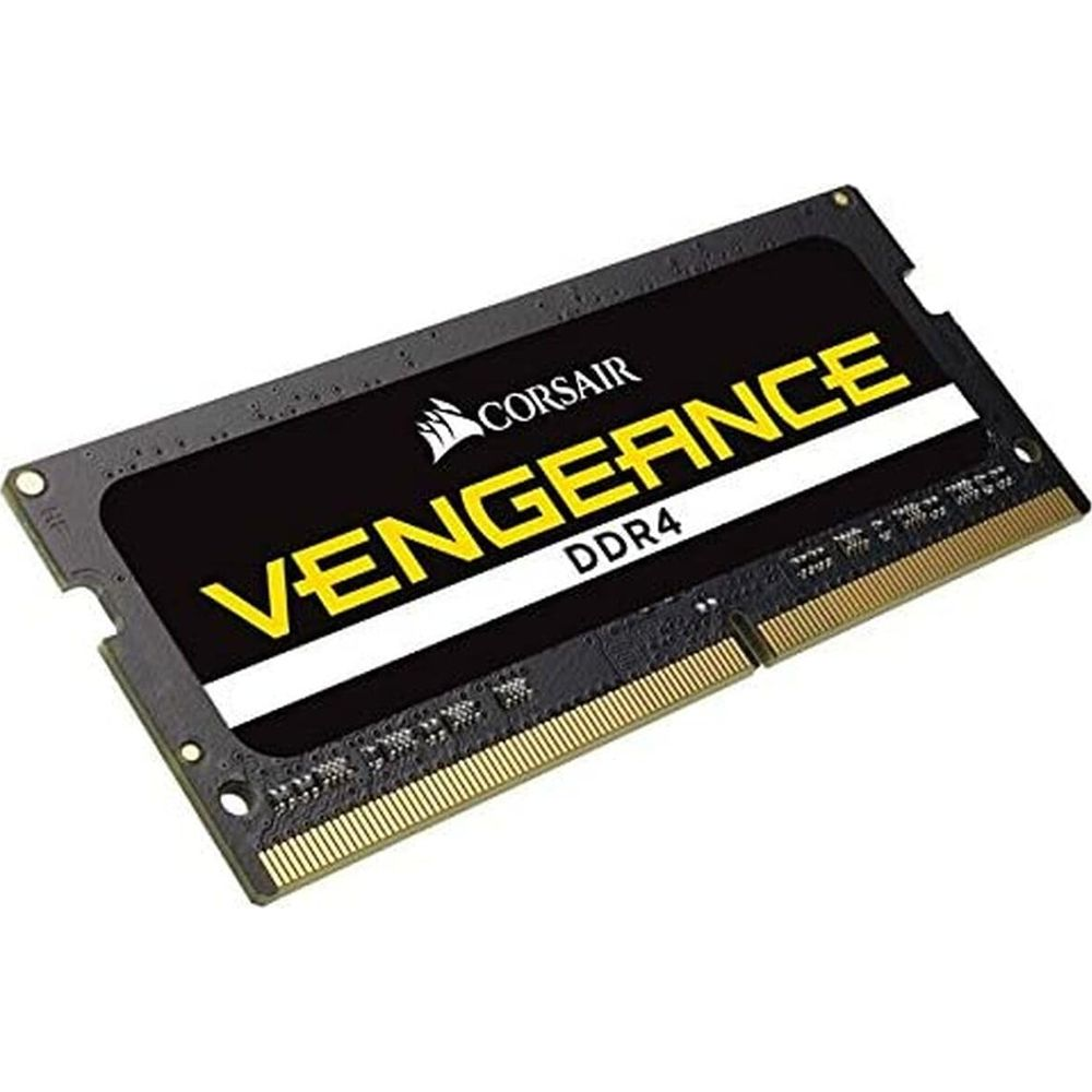 Czarny moduł RAM Corsair Vengeance DDR4 ze złotymi złączami.