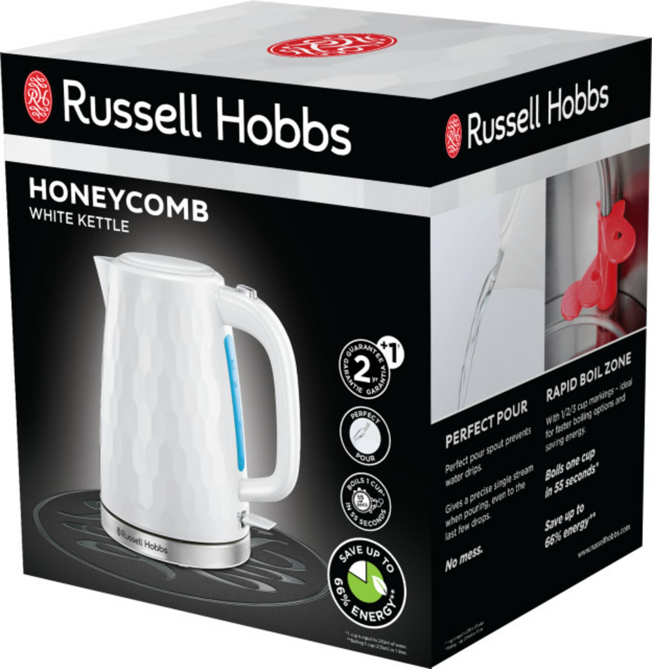 Confezione di un bollitore bianco Russell Hobbs Honeycomb con immagine del prodotto.