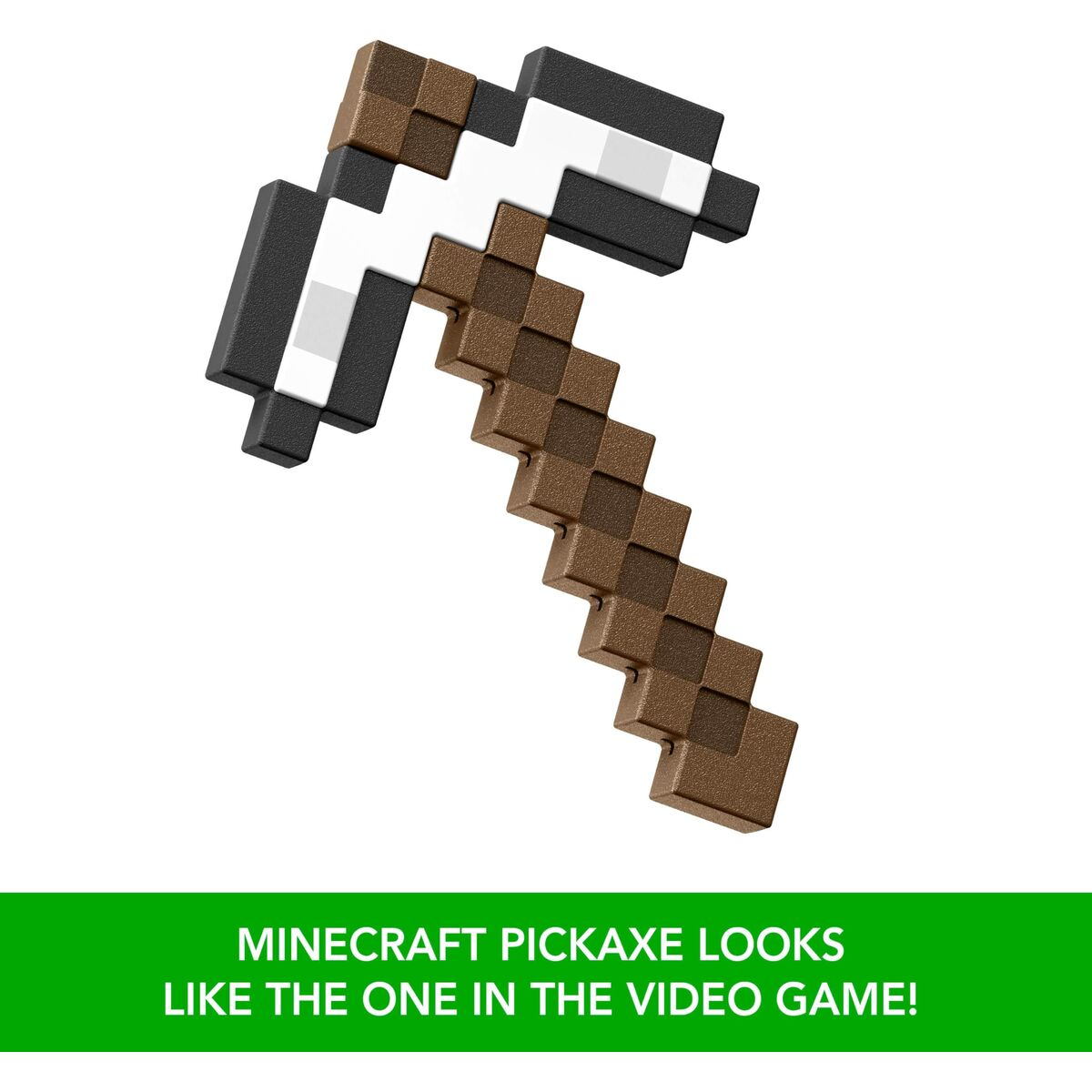 Eine braune und schwarze Minecraft-Spitzhacke mit weißen Akzenten auf weißem Hintergrund.