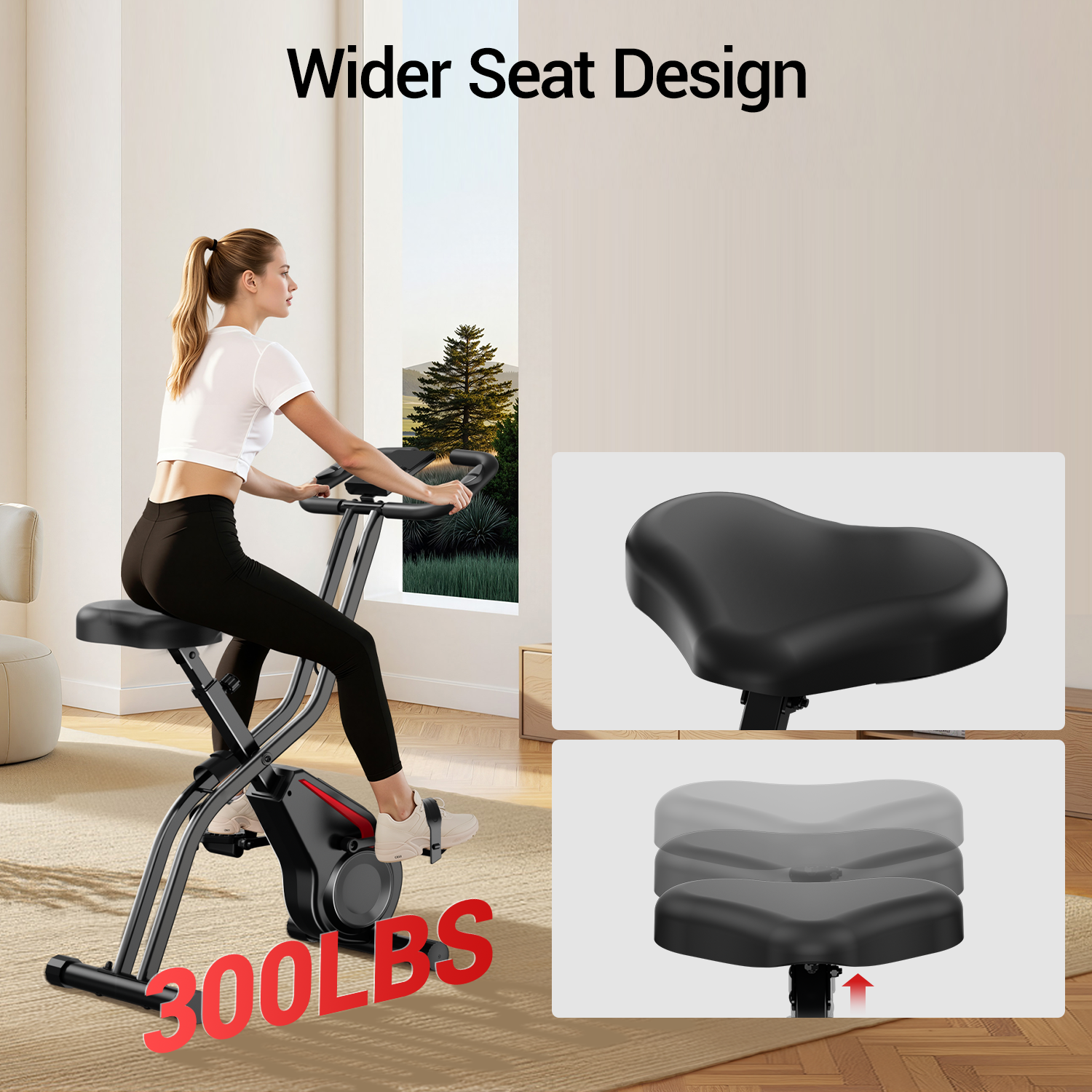 Frau auf Heimtrainer, 300lbs Kapazität. Sitz ist breiter.