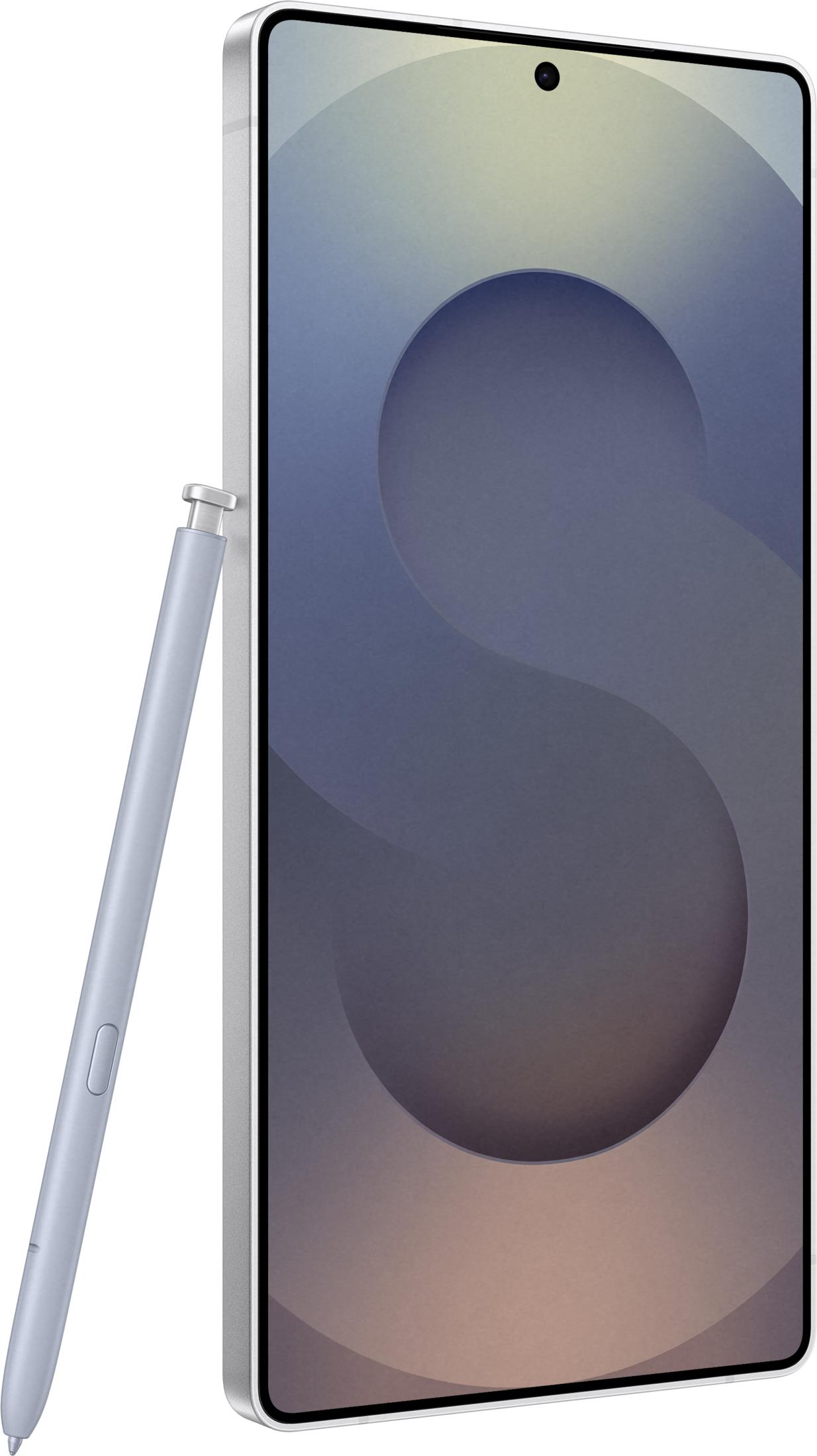 Jasnoniebieski rysik opiera się o smartfon ze srebrną ramką i abstrakcyjnym tłem.