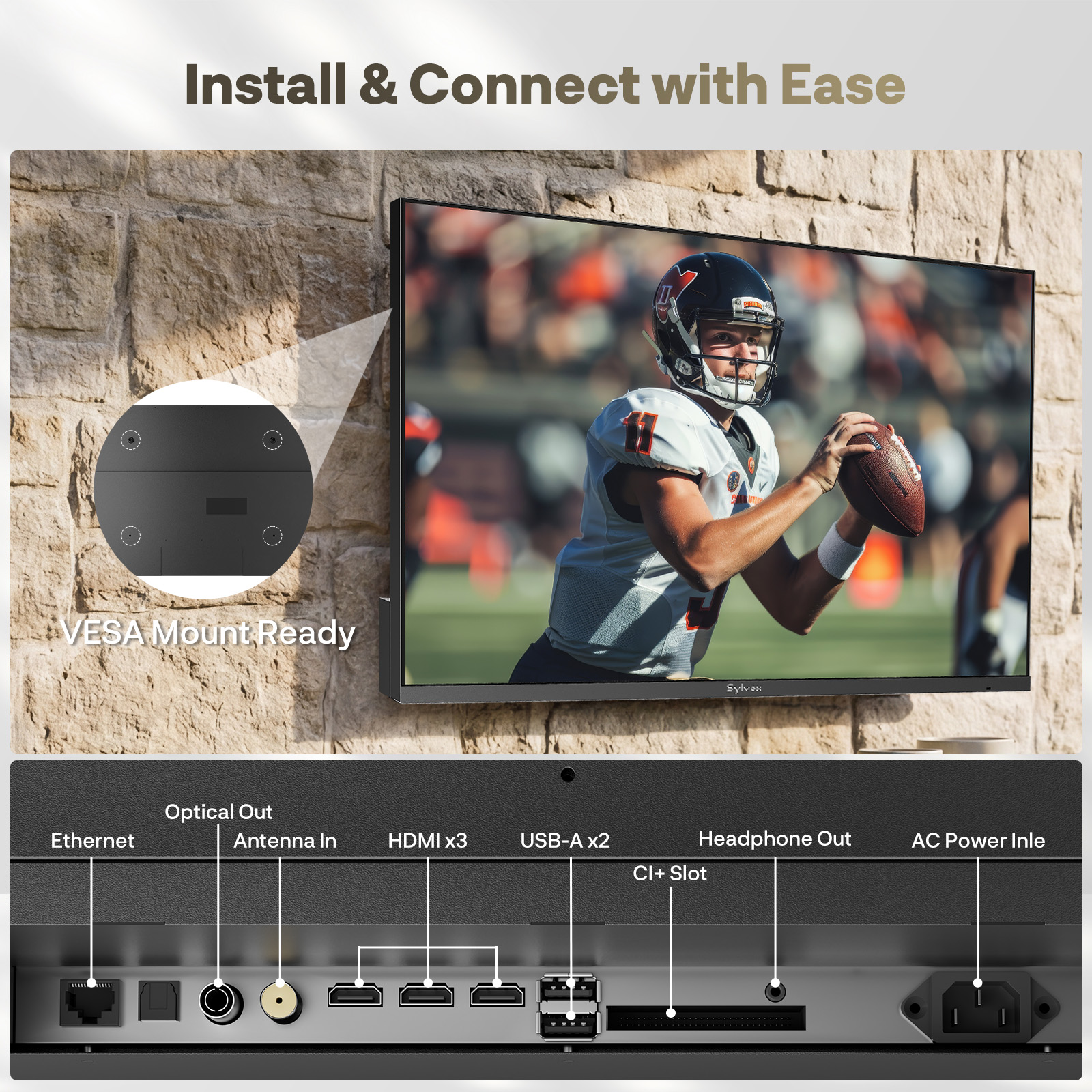 TV con jugador de fútbol americano en pantalla. Listo para montaje VESA. Puertos: Ethernet, Óptico, HDMI, USB, CI+, Alimentación.