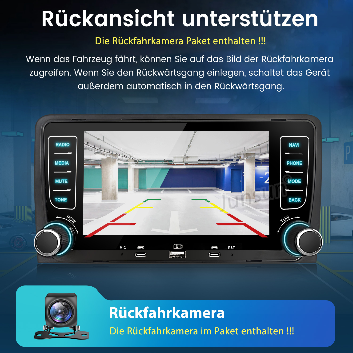 Ein Autoradio zeigt das Bild einer Rückfahrkamera in einer Parkgarage.