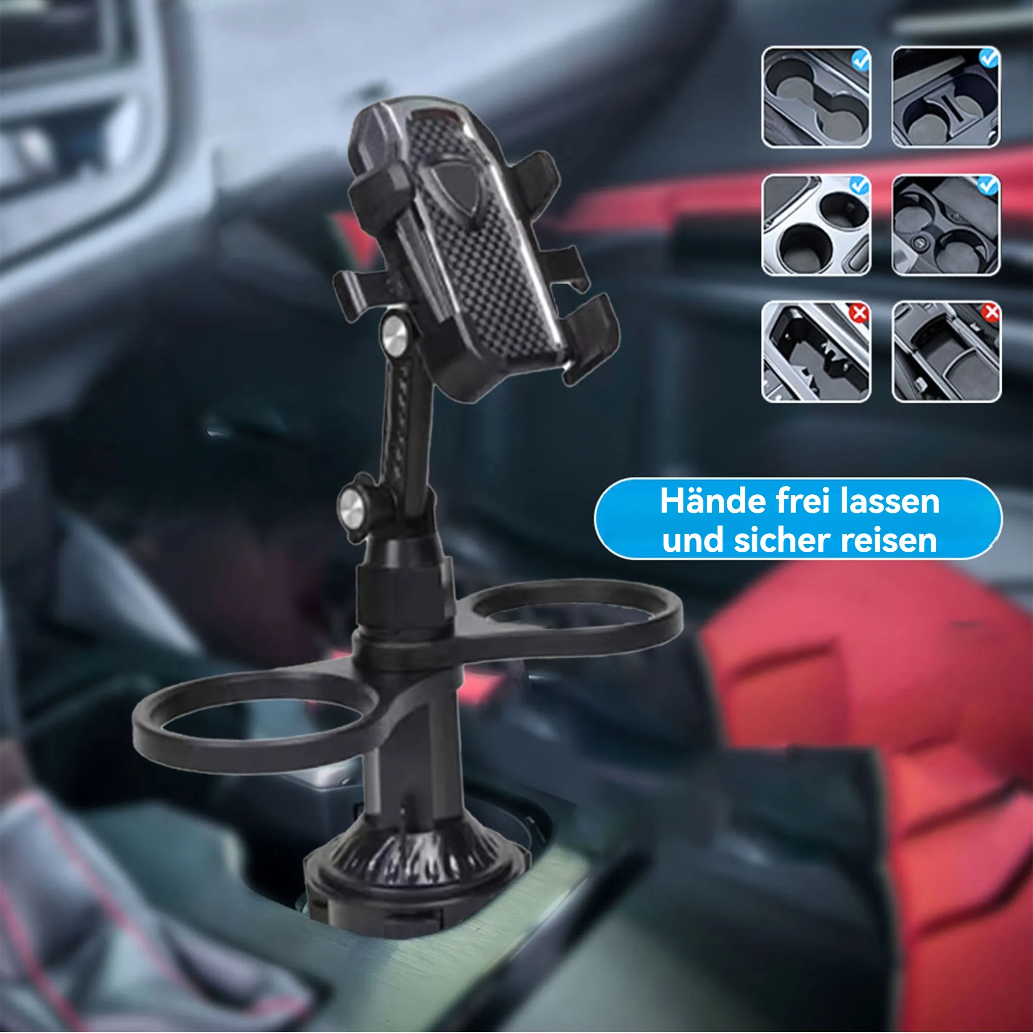 Ein schwarzer Handyhalter mit zwei Getränkehaltern im Auto.