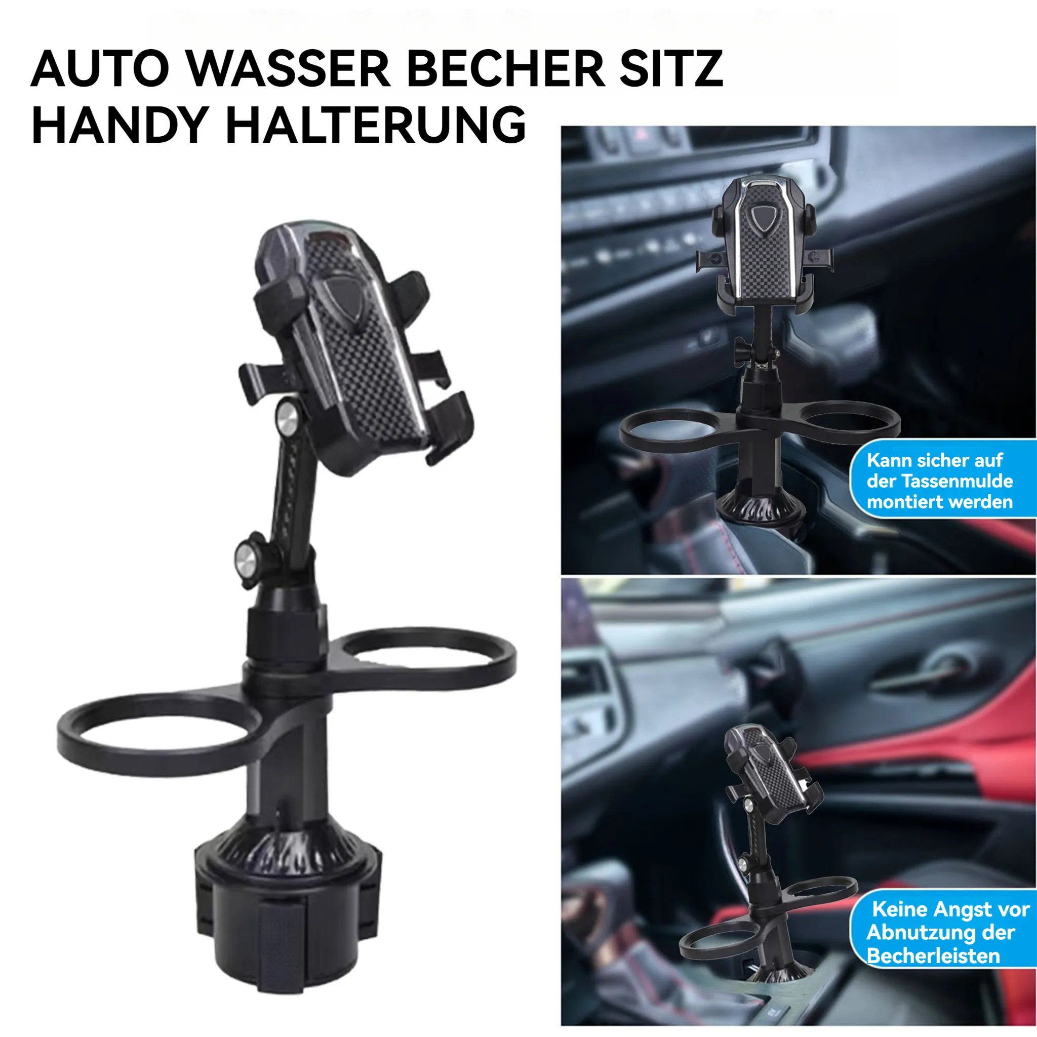 Schwarzer Auto-Becherhalter mit Handyhalterung und zwei Getränkehaltern.