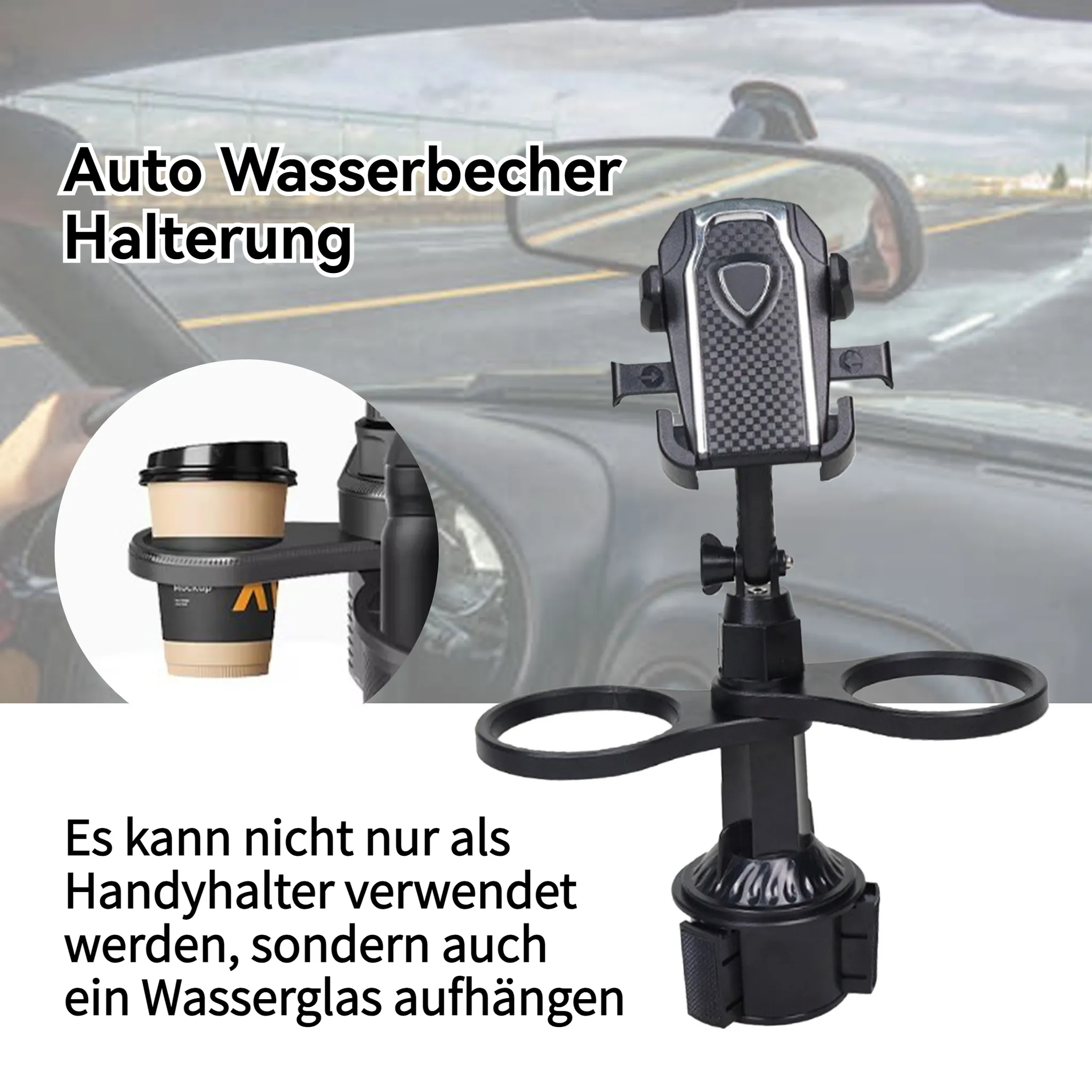 Ein multifunktionaler KFZ-Halter für Handy und Getränke.