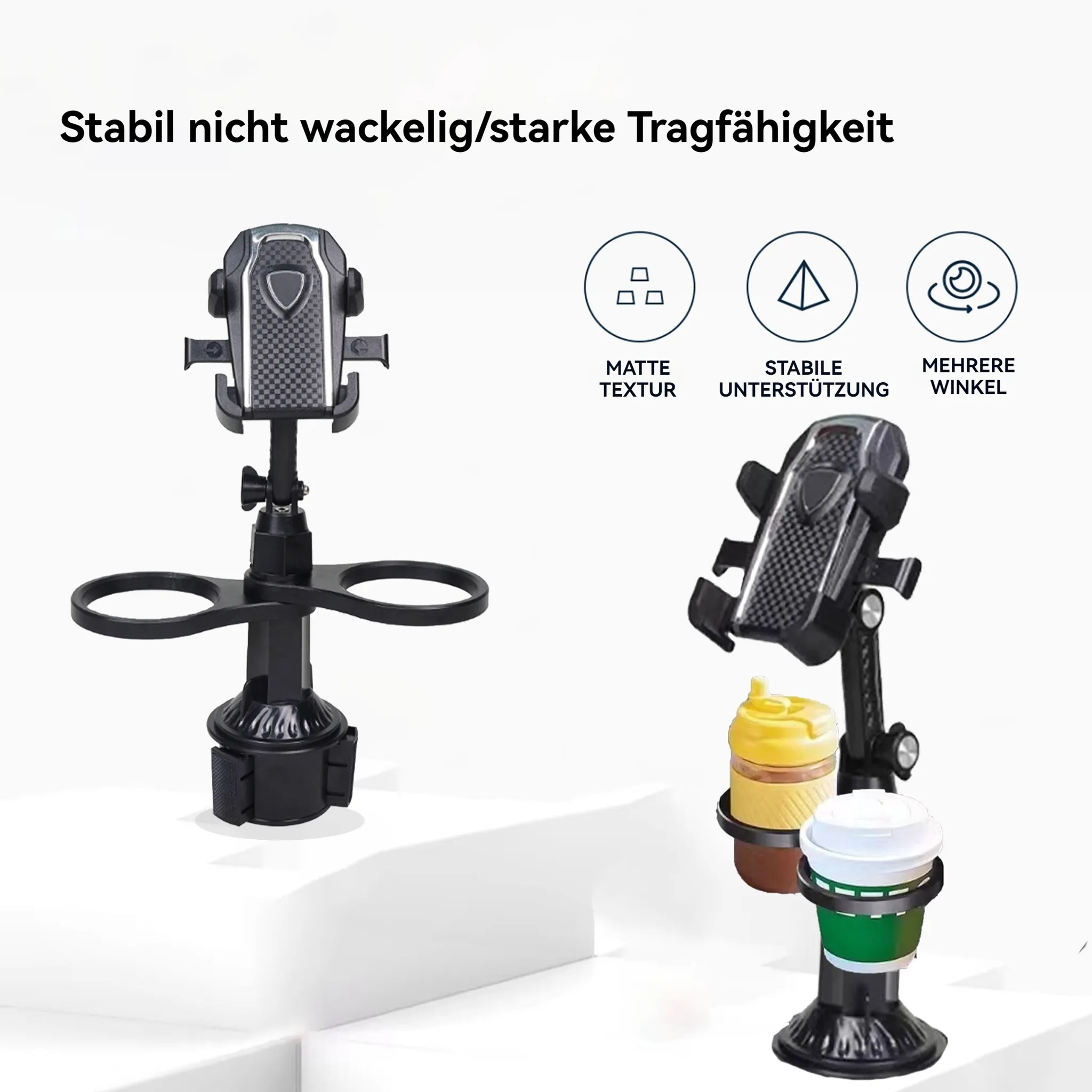 Schwarzer Getränkehalter für Autos mit Handyhalterung und zwei Bechern.