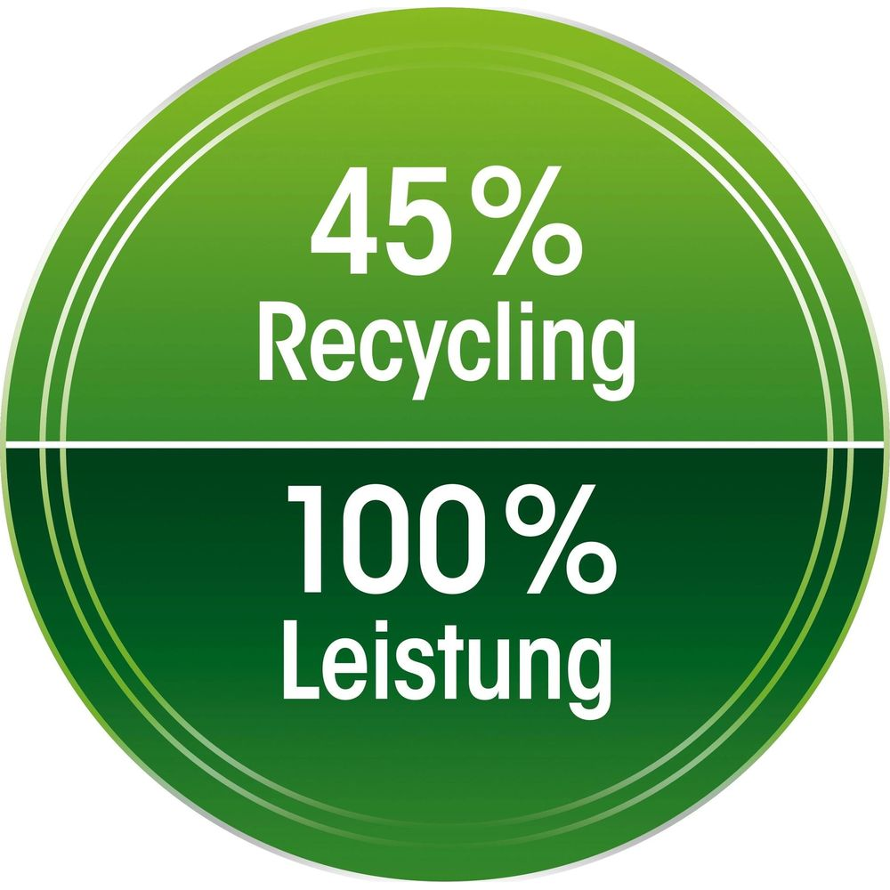 Grüner Kreis mit Text: 45% Recycling, 100% Leistung.