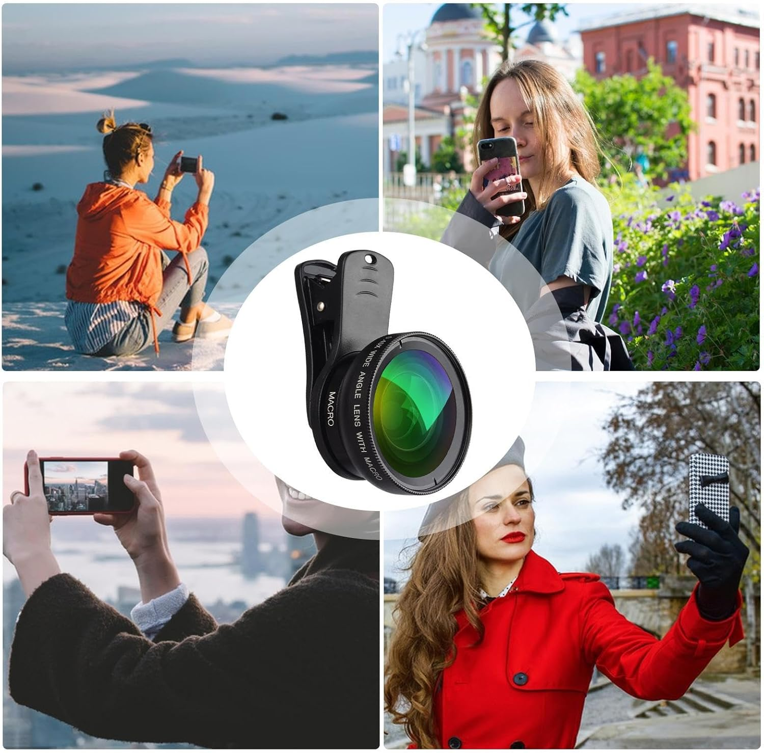 Collage aus vier Bildern mit Handy-Fotografie-Motiven und einer Linse.