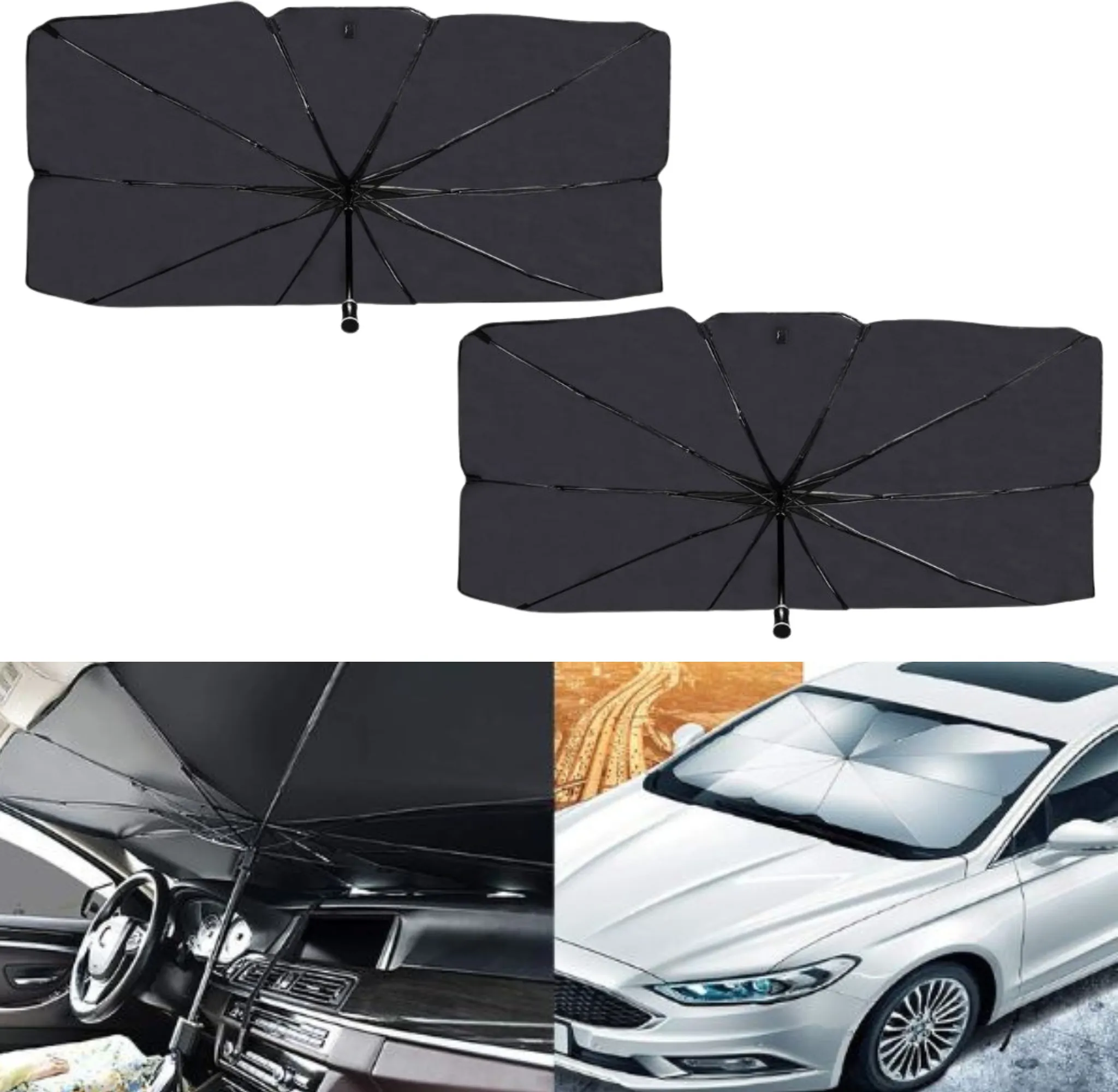 Zwei schwarze Sonnenschirme für Autos, einer im Innenraum, einer auf der Windschutzscheibe.