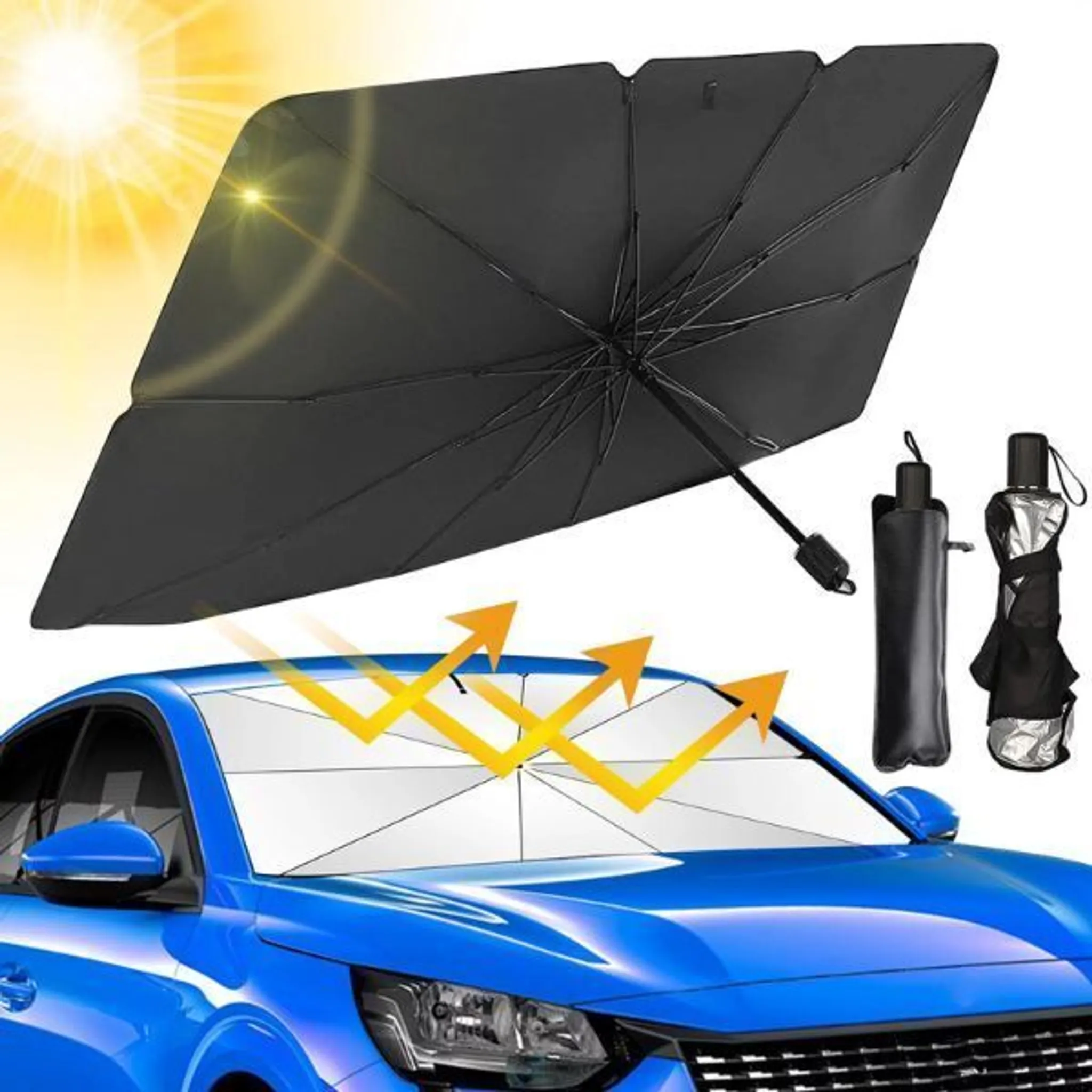 Ein schwarzer Sonnenschirm für Autos liegt auf einer Windschutzscheibe. Die Sonne scheint.